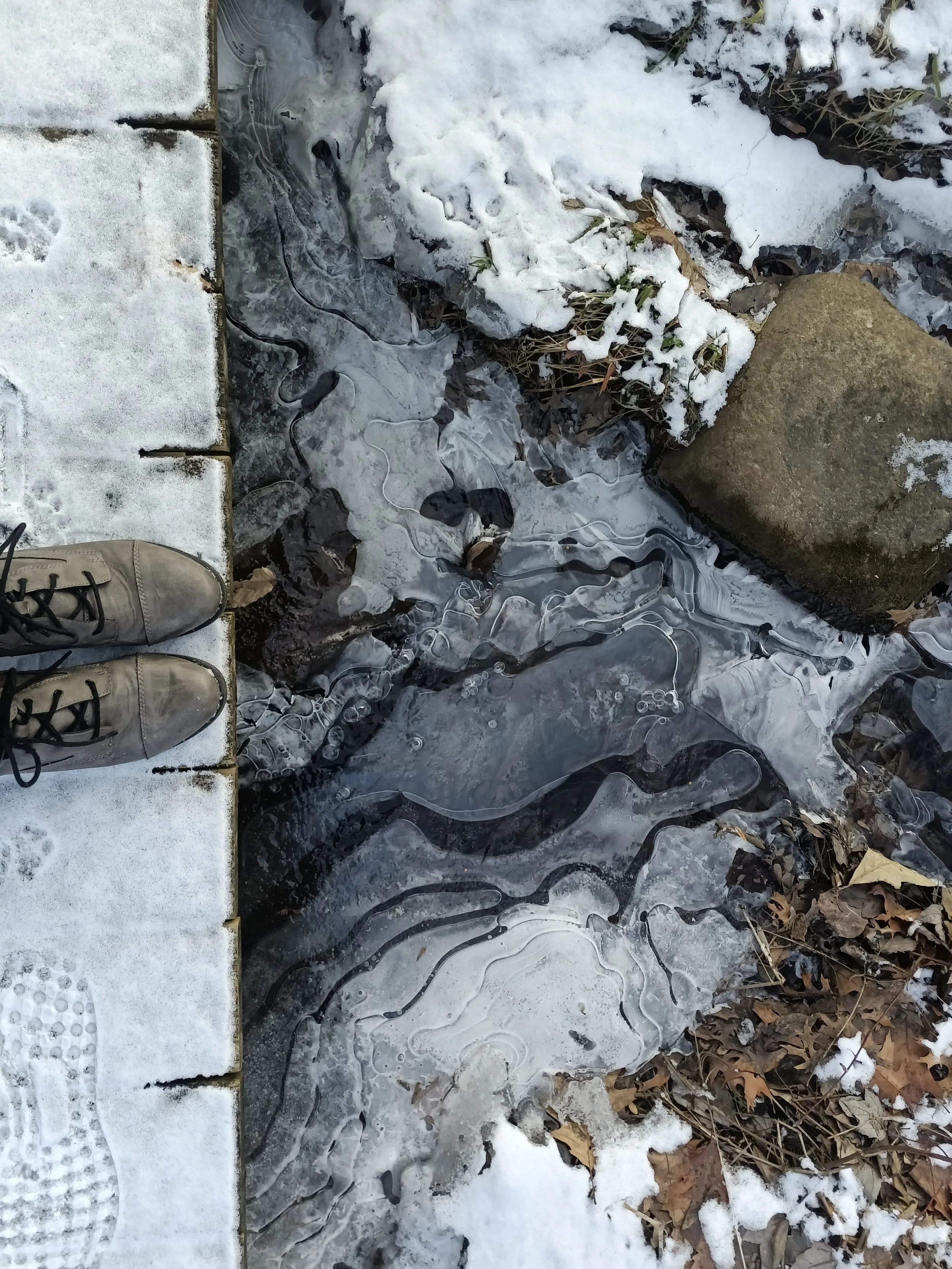 Close-up of a partially frozen stream on a winter day, with fallen leaves on the ground and snow on the banks. To the left, there is a snow-covered concrete platform with a person's shoes visible at the bottom edge.