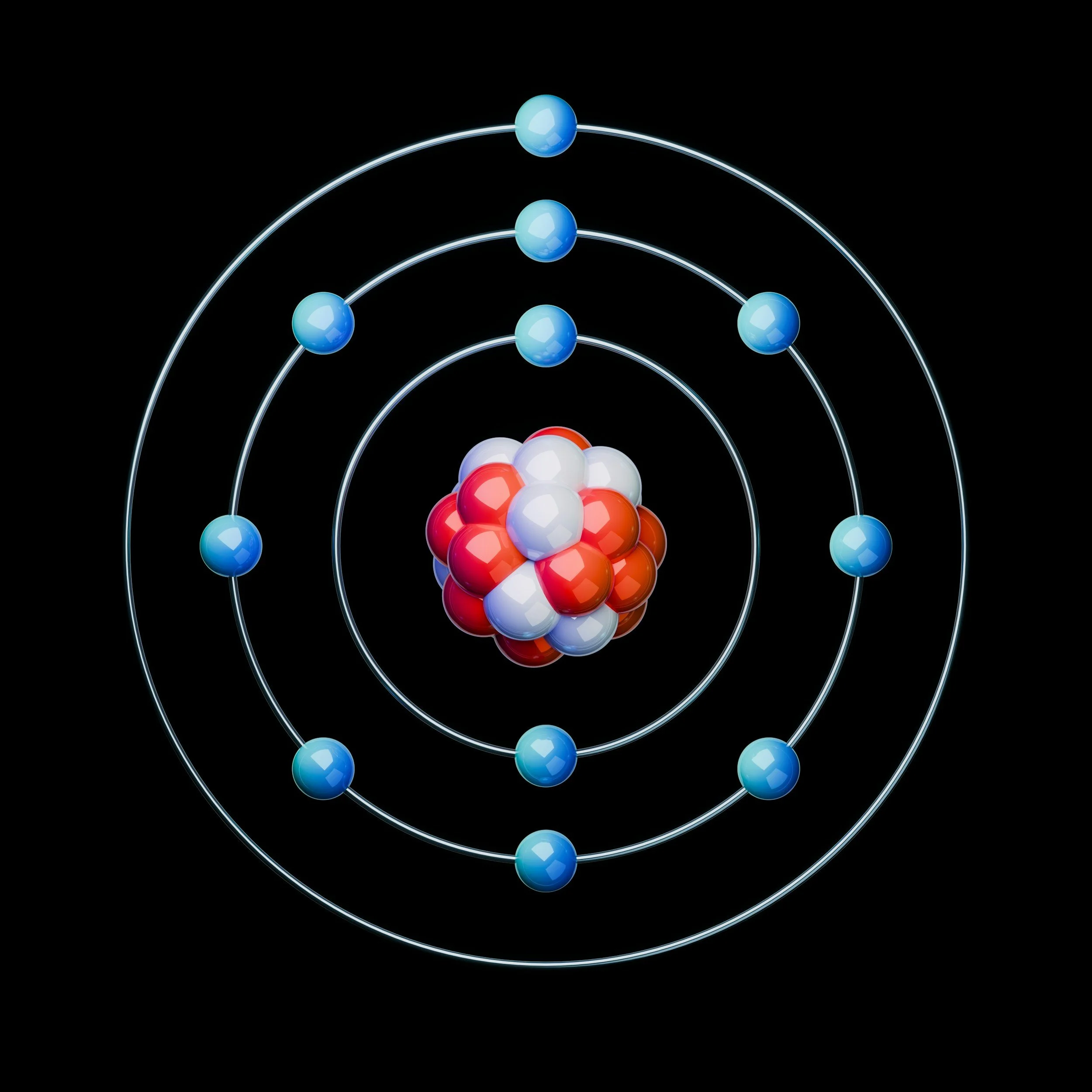 A simplified illustration of an atom model with blue electrons orbiting a nucleus made of red, orange, white, and gray protons and neutrons, set against a black background.