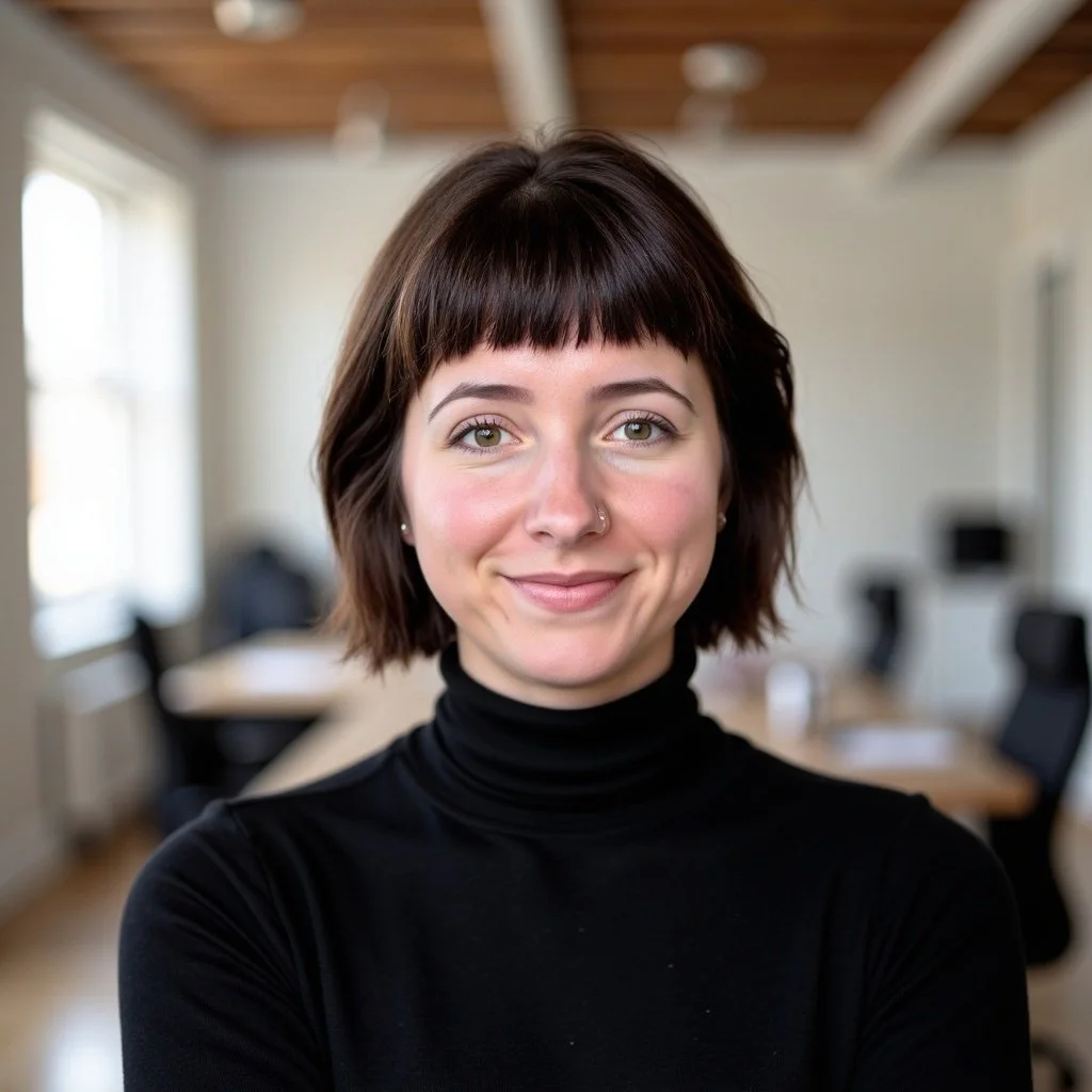 A smiling woman with short dark hair and a nose piercing, wearing a black turtleneck, standing in a modern office with wooden ceiling, white walls, and large windows.