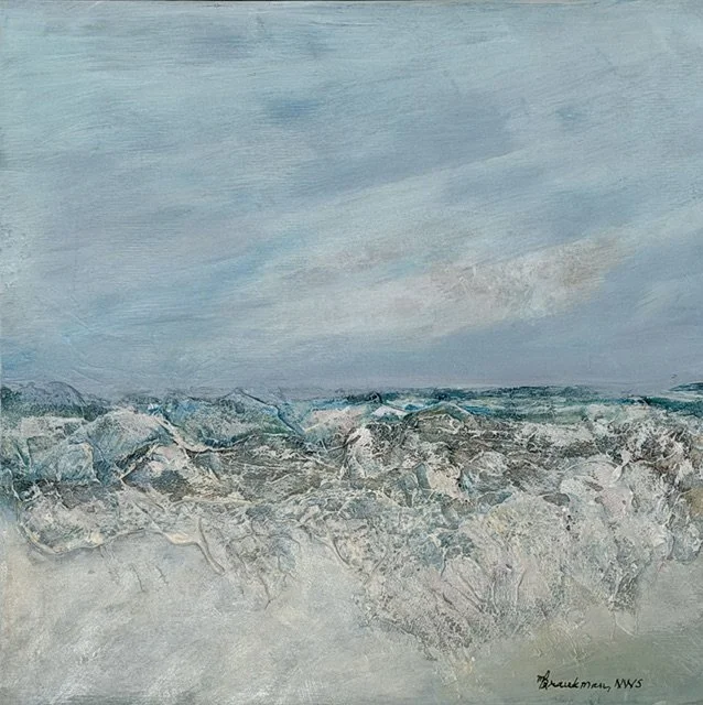 Abstract textured seascape painting in pale blue, gray, and white with a low ocean horizon and foamy waves.