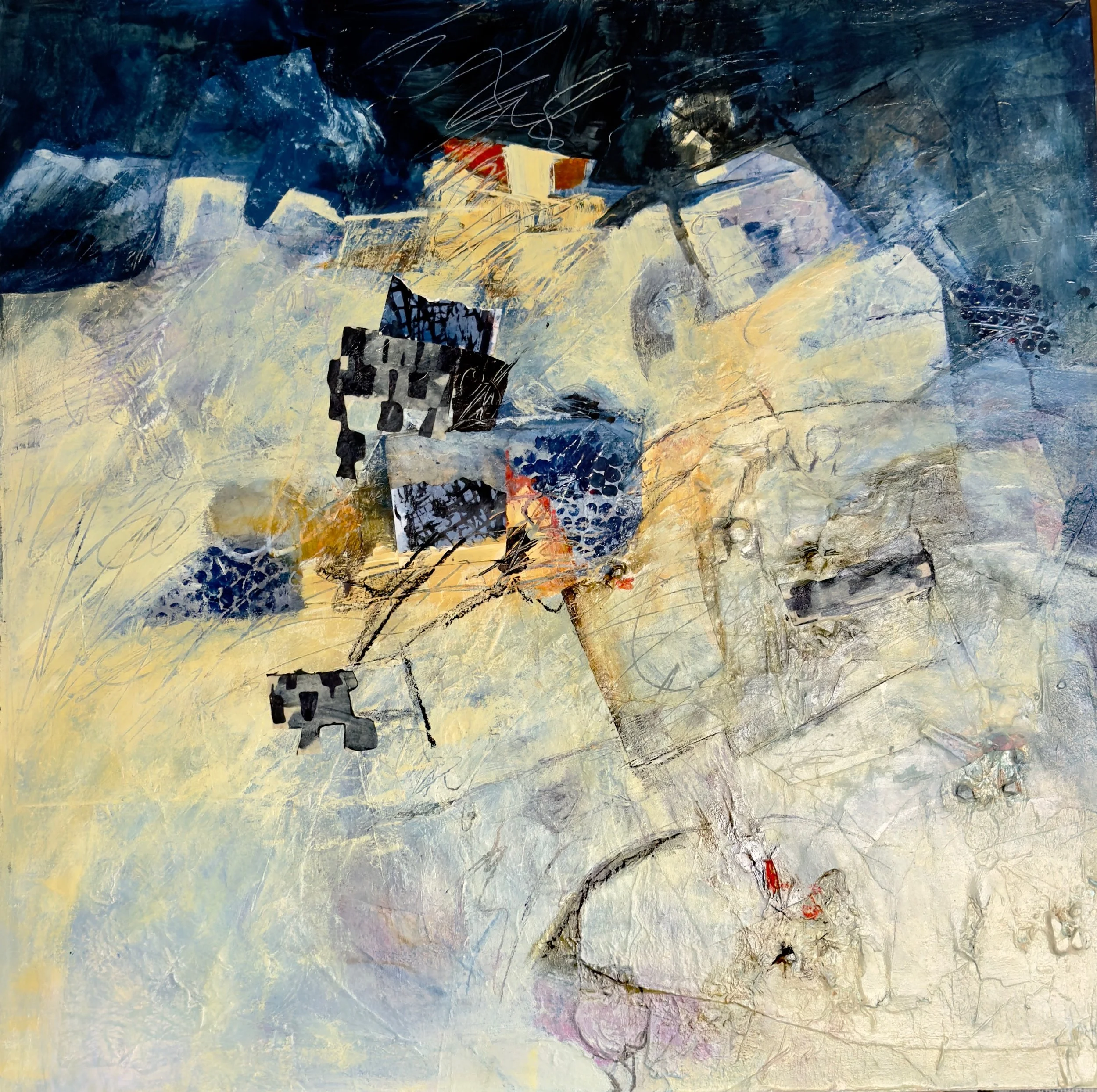 Abstract mixed-media painting with layered blue, cream, gray, black, and orange geometric shapes, textured brushstrokes, and scribbled lines.