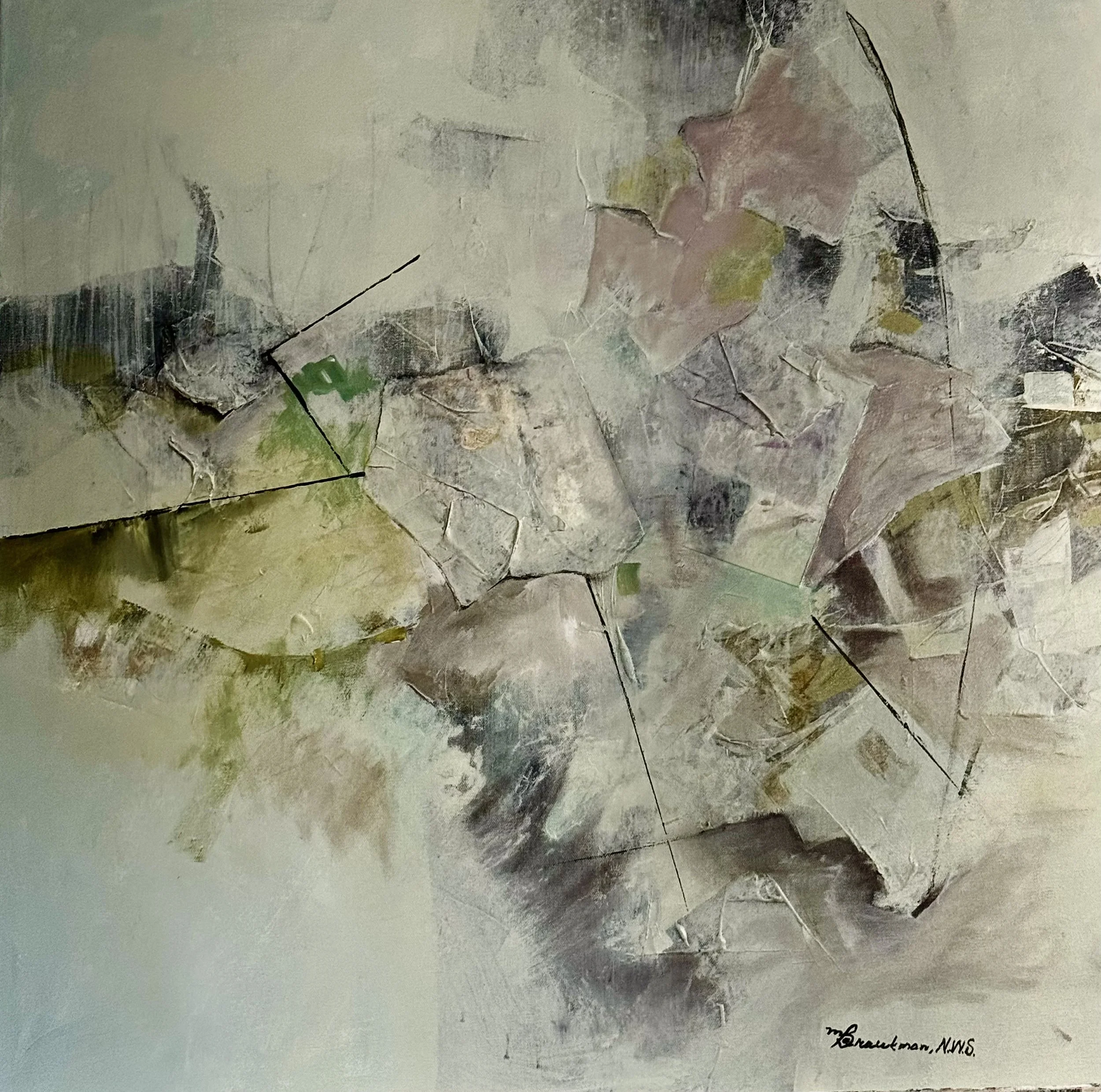 Abstract mixed-media painting with muted green, gray, pink, yellow, and black geometric forms, signed by the artist.