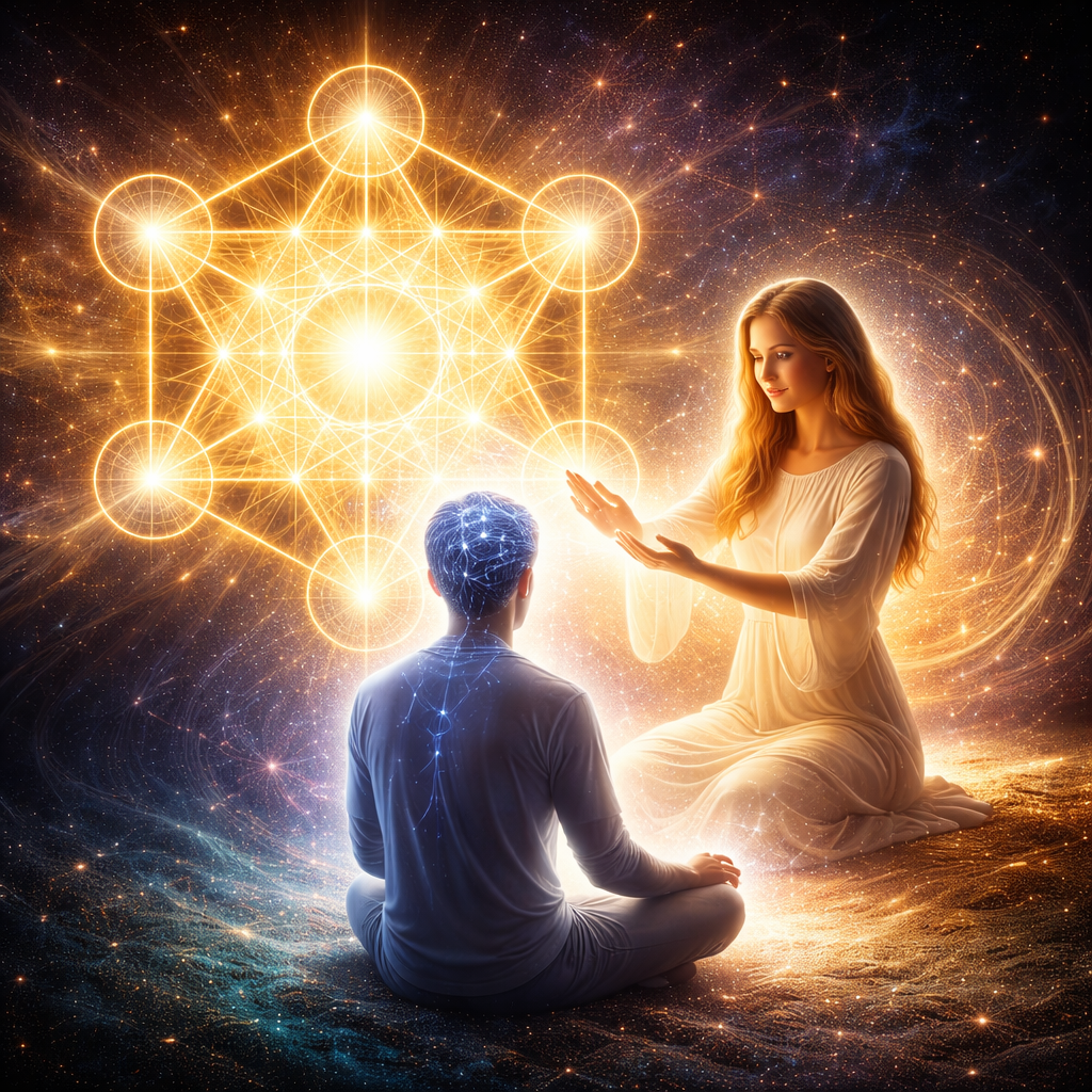 A woman with long hair sitting cross-legged, gesturing with her hands towards a man sitting cross-legged with glowing blue lines on his head and shoulders; in the background, there is a glowing geometric pattern of interconnected circles and lines surrounded by a starry cosmic sky.