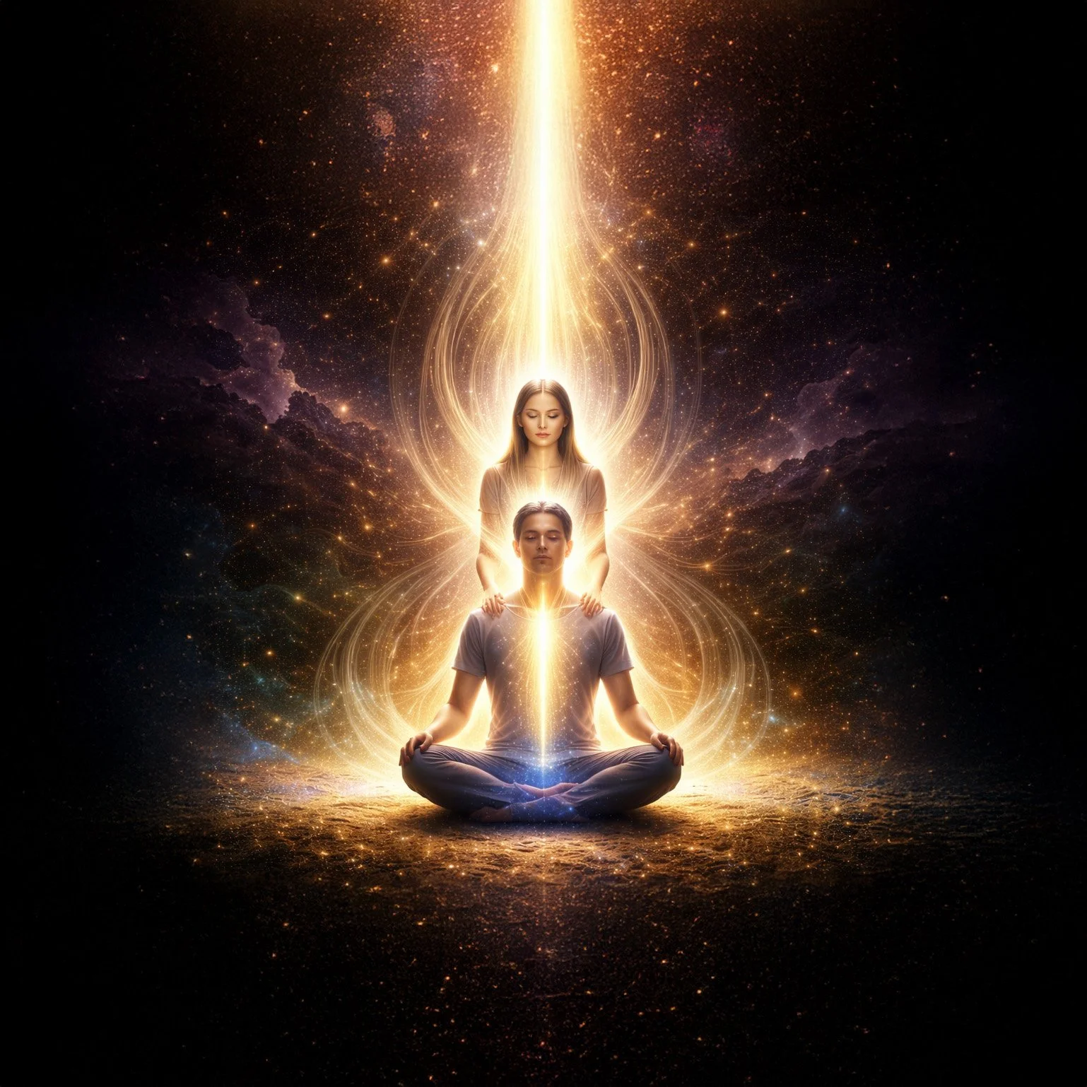 A woman and a man practicing yoga or meditation in a cosmic, star-filled setting, with a radiant, glowing light connecting them, forming a vertical beam from the ground to the universe.