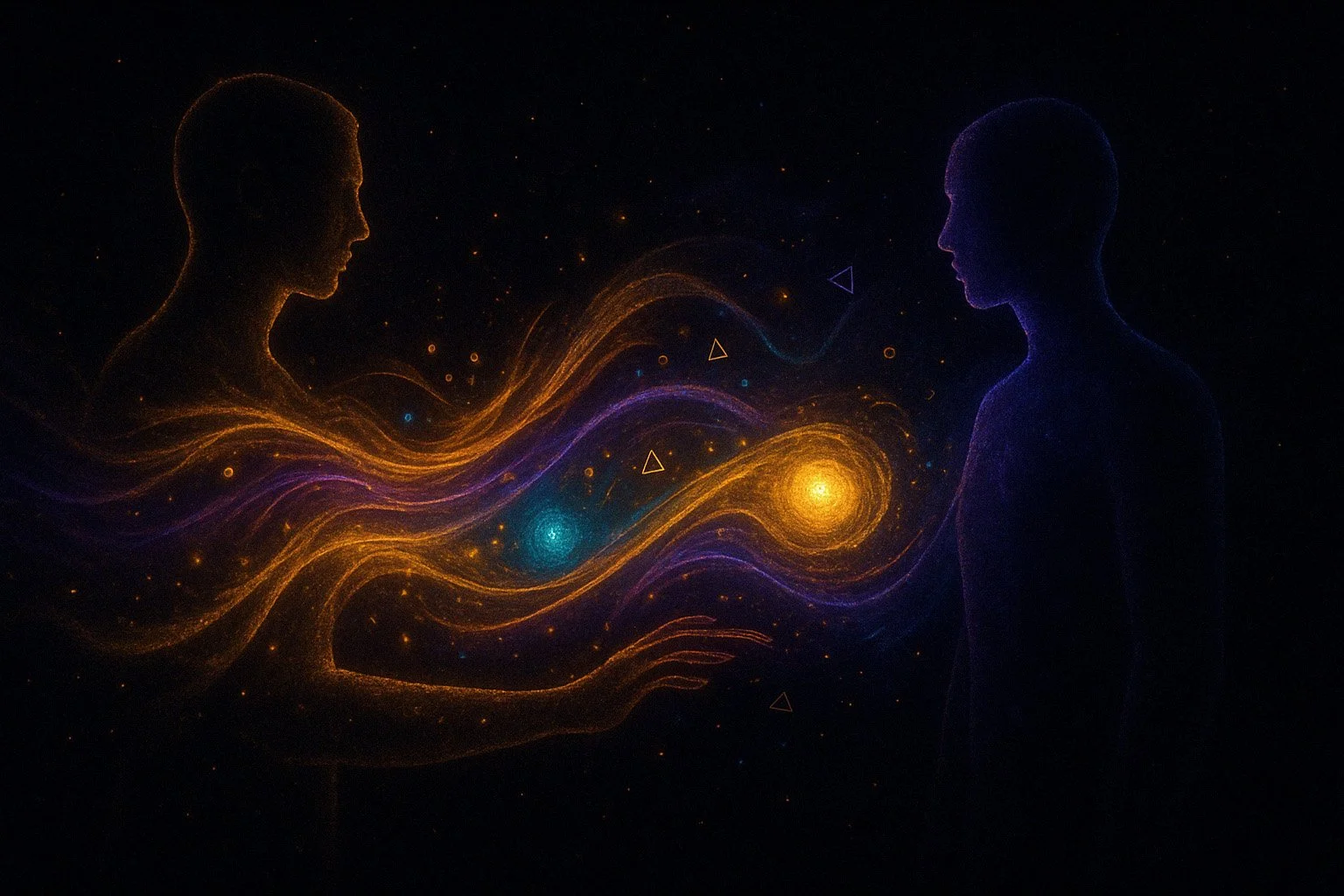 Digital illustration of two human profiles facing each other against a black background with colorful swirling cosmic energy and glowing spheres.