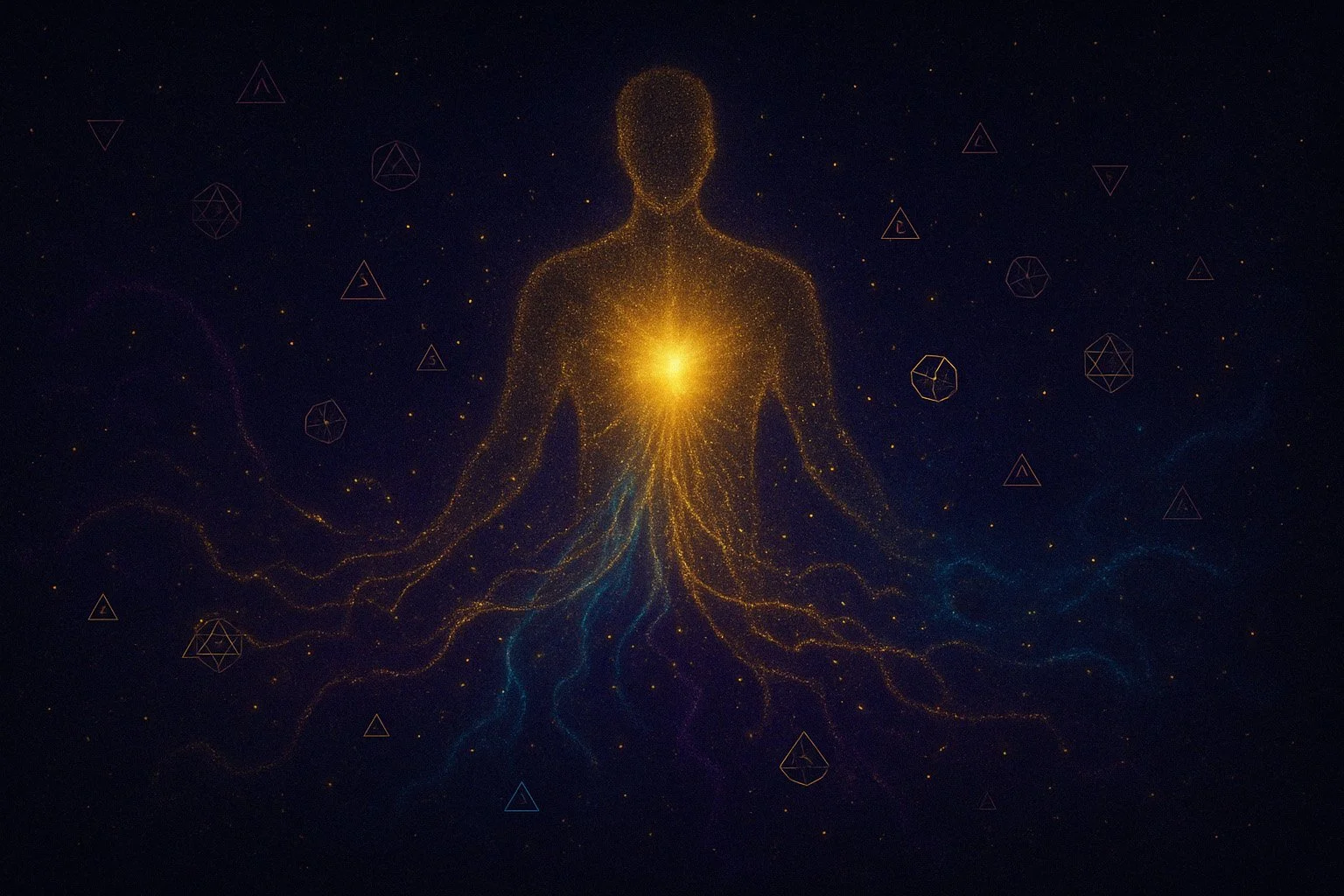 A digital illustration of a human figure made of glowing gold particles with a bright light at the chest, surrounded by colorful lines and geometric shapes in space-like background.