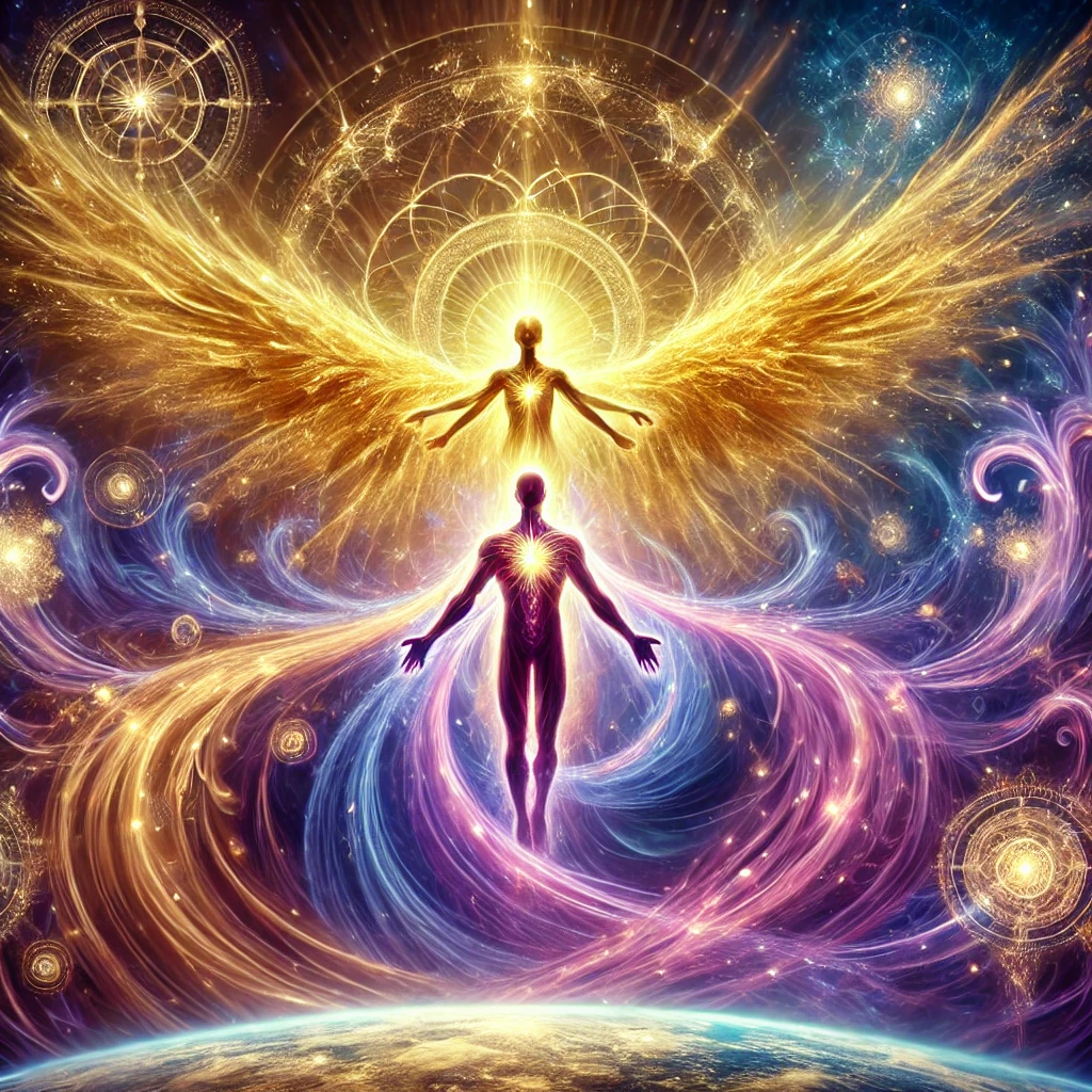 Two human figures surrounded by radiant, glowing energy, with one figure appearing angelic with large, golden wings and a halo, floating above the other in cosmic scenery with swirling colors and celestial designs.