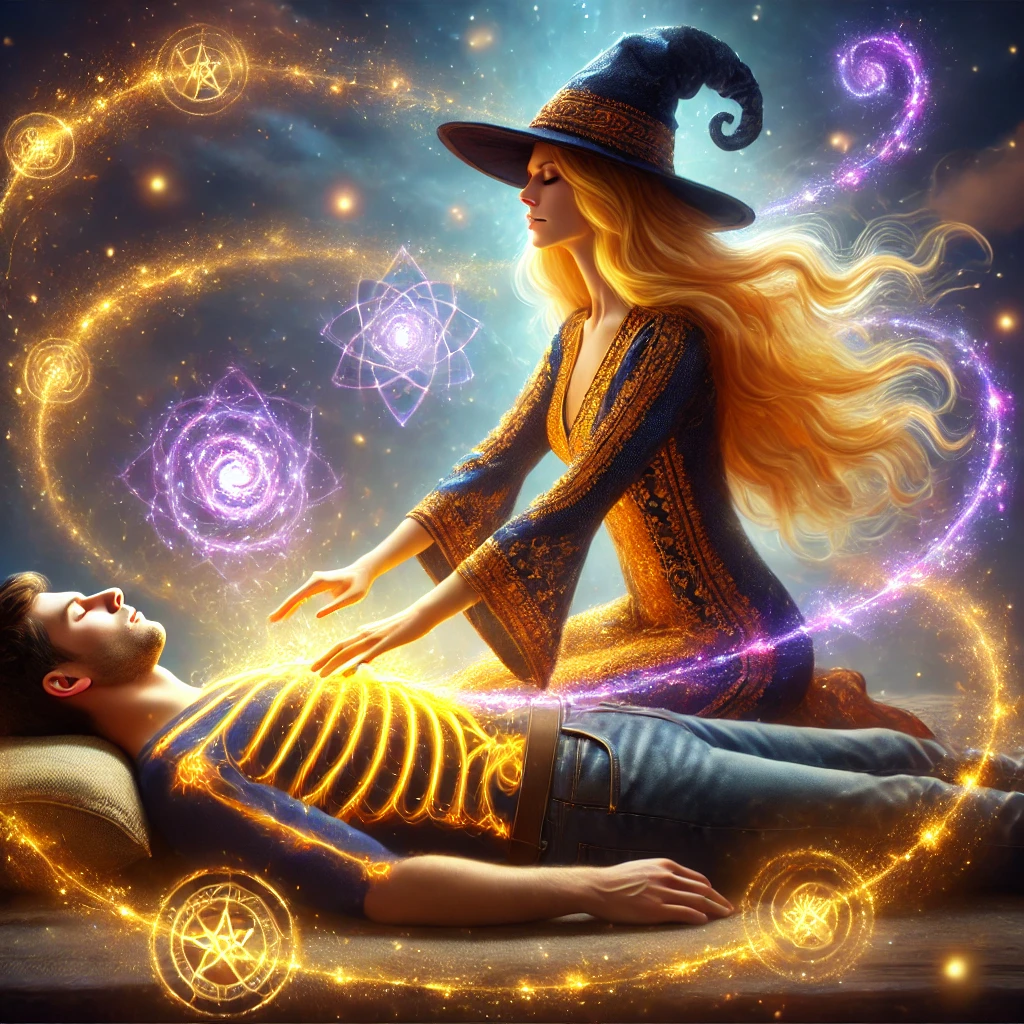 A magical scene depicting a woman dressed as a witch with long flowing hair and a witch hat, performing a healing or spell gesture over a young man lying down with glowing golden lines representing his ribcage and internal bones. Surrounding them are glowing mystical symbols and swirls of bright purple and gold light.