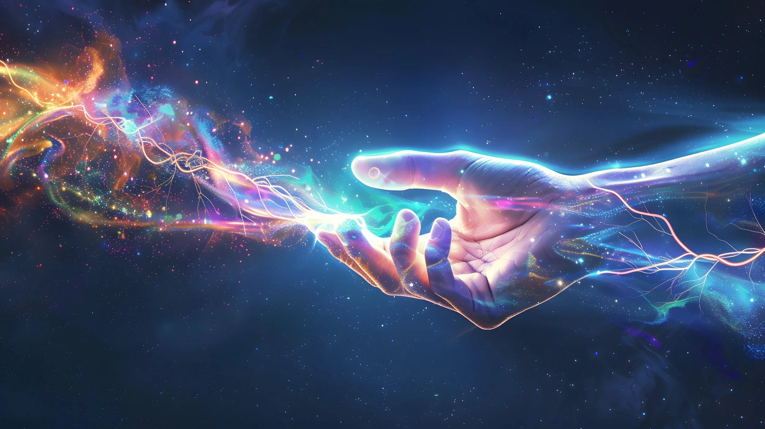A glowing hand reaching out with colorful electrical sparks and nebula-like effects in space.