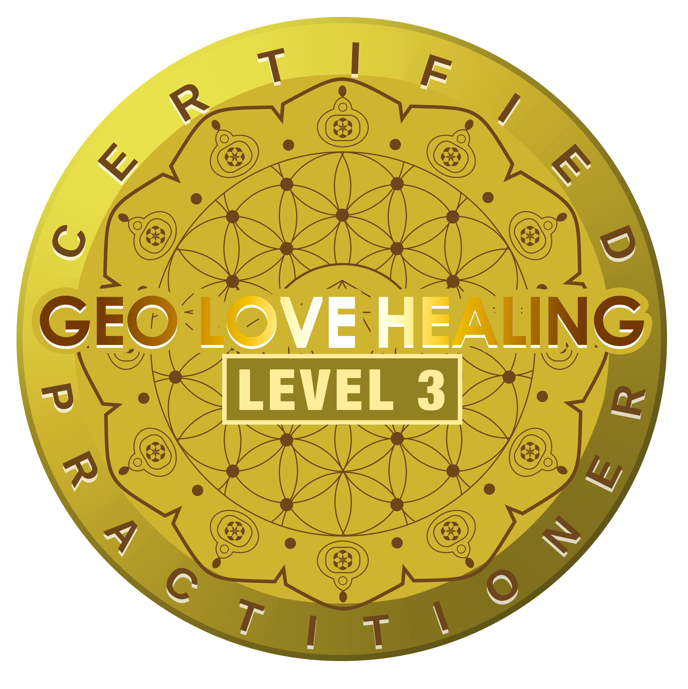 Gold-colored circular emblem with intricate geometric patterns and the words 'CERTIFIED GEO-LOVING EARTH' around the perimeter.