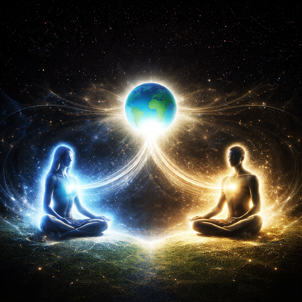Two meditating figures, one glowing blue and the other glowing gold, sit cross-legged on a glowing surface in a cosmic setting with Earth and bright energy lines connecting them in space.