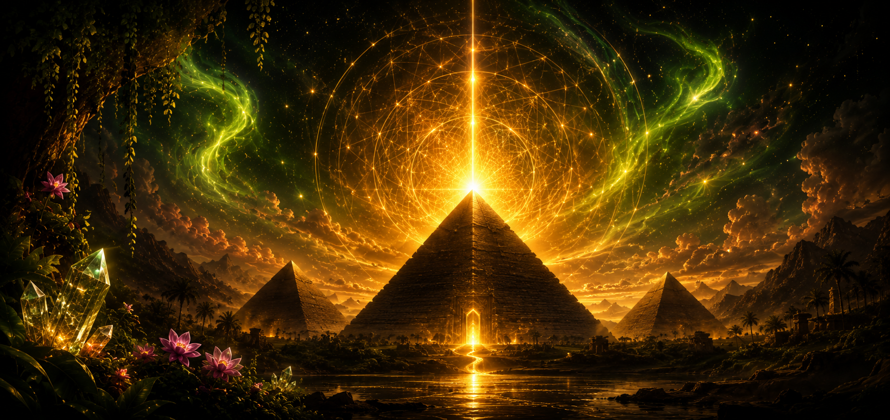 Fantastical scene of the Egyptian pyramids at sunset with glowing golden light, intricate luminous patterns in the sky, and lush tropical plants with pink flowers in the foreground.