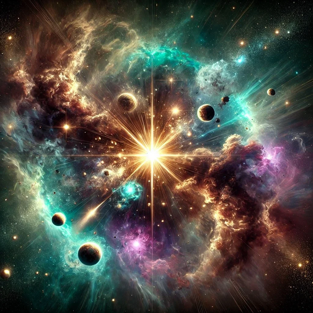 A colorful depiction of outer space with stars, planets, nebulae, and cosmic clouds surrounding a bright, radiant star at the center.