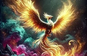 A majestic phoenix rising with fiery wings amidst colorful clouds and a starry sky.