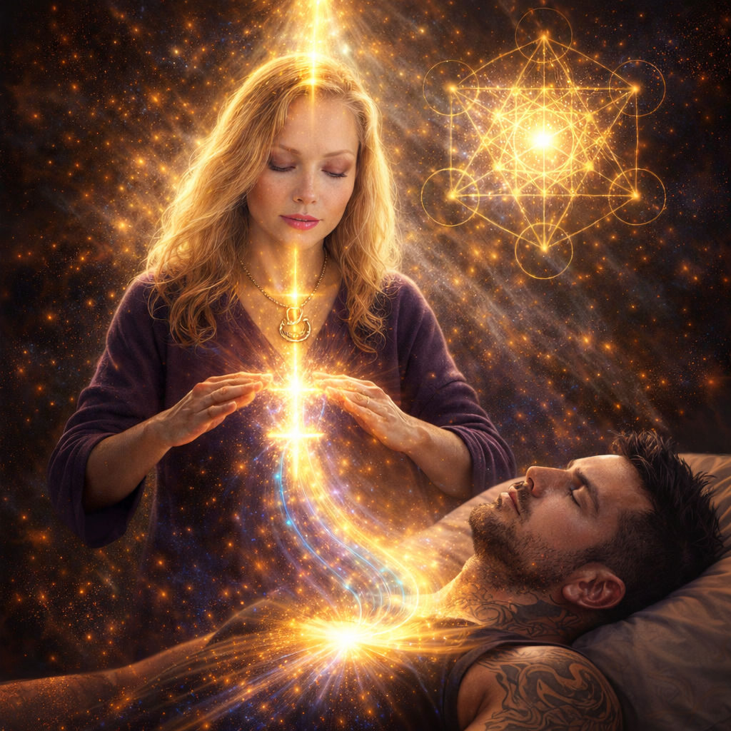 A woman in a purple top appears to be channeling glowing energy into a man lying down with tattoos, in a cosmic setting with glowing geometric shapes and star-like effects.