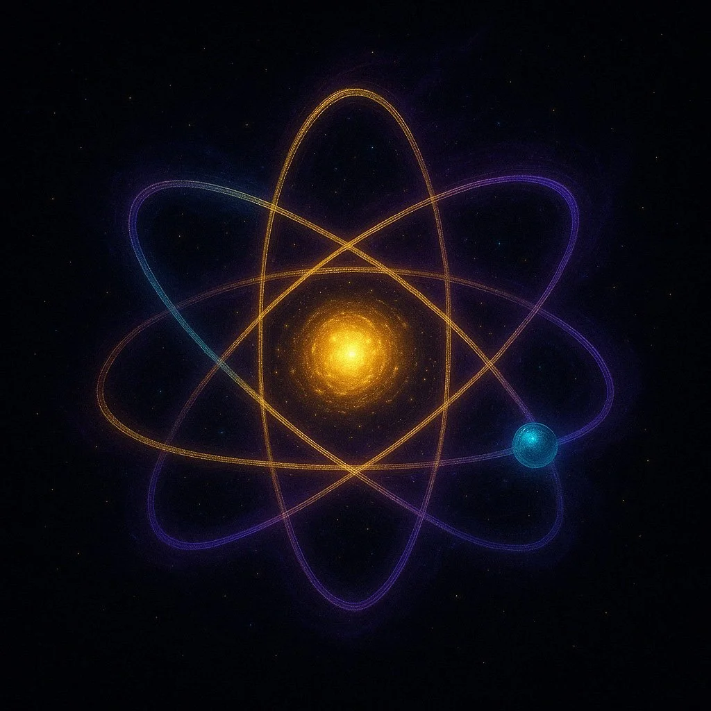 Digital illustration of an atom with a glowing yellow nucleus and colorful orbiting electrons against a starry background.