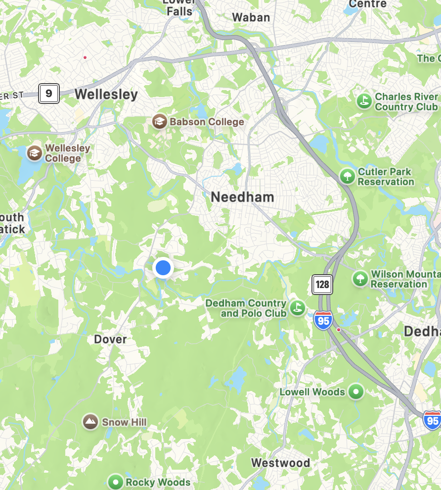Map showing Needham, Wellesley, Dover, and surrounding areas in Massachusetts, with parks, colleges, and highways marked.