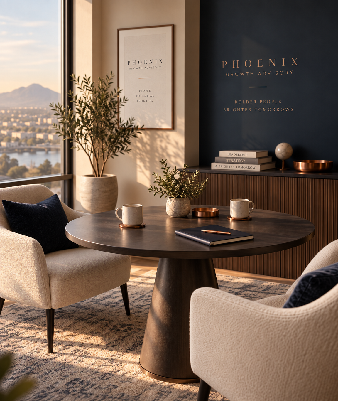 Modern architectural forms in warm neutral tones.