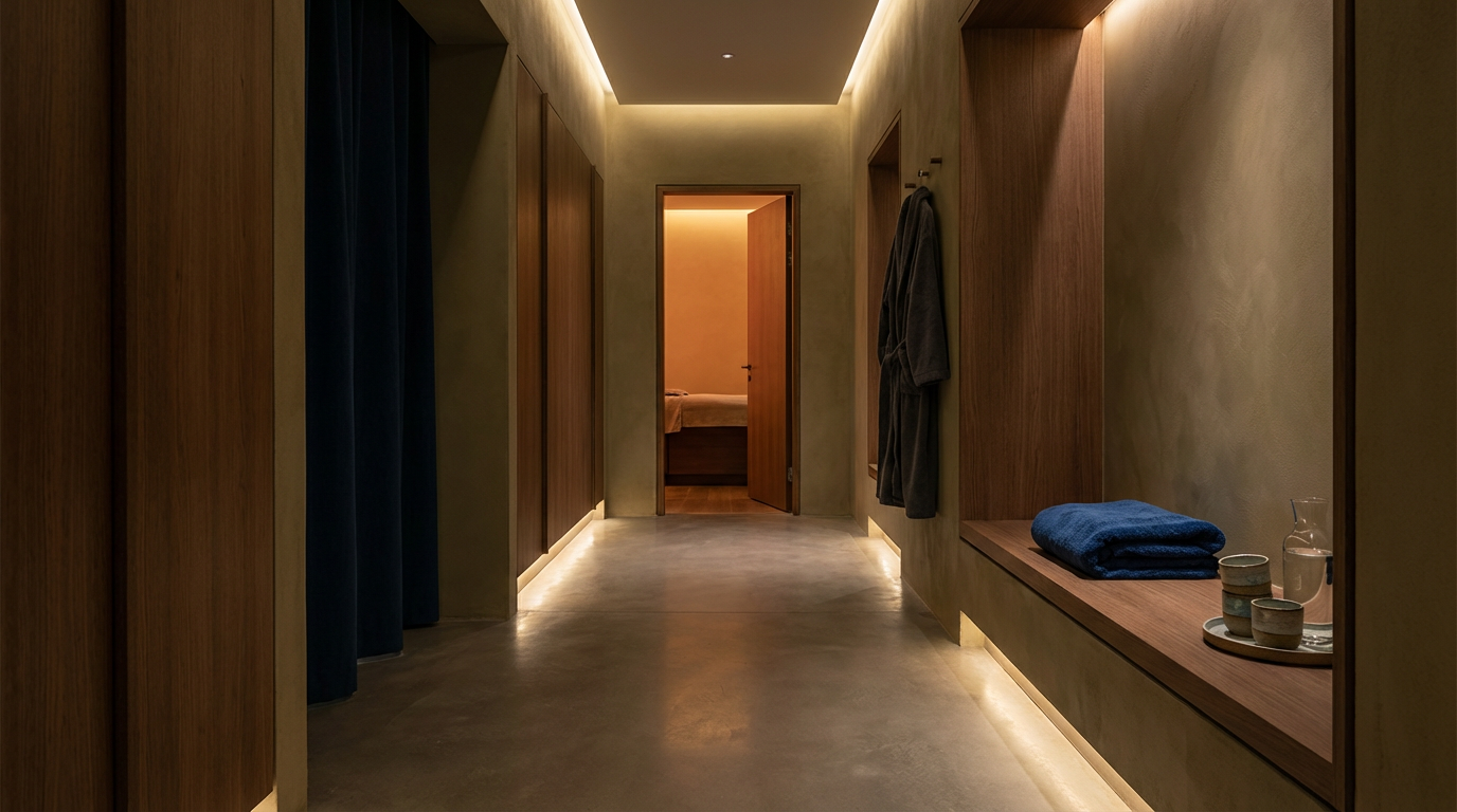 A modern, dimly lit hallway with wooden accents, gray walls, and a concrete floor, featuring a bench with folded blue towels and a tray with cups and a glass pitcher, leading to a bedroom with warm lighting.