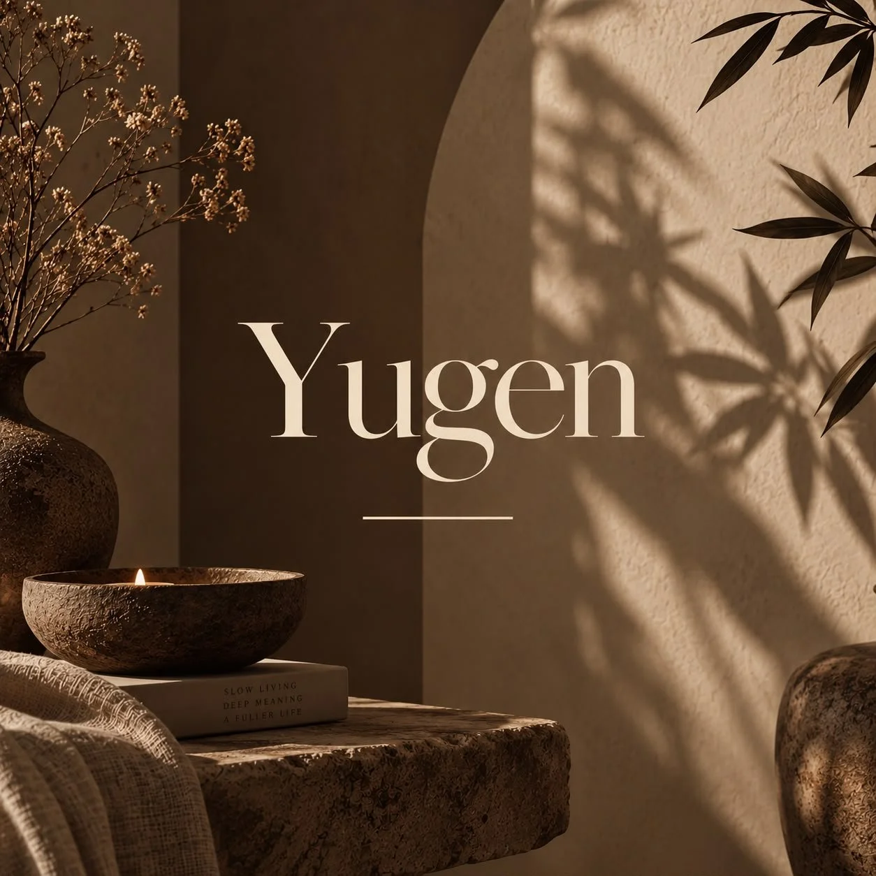 A cozy interior scene with a textured ceramic vase holding branches with small flowers, a candle holder with a lit candle, and a book titled "Slow Living Deep Meaning A Fuller Life." The background features shadows of leaves on the wall with a warm, 