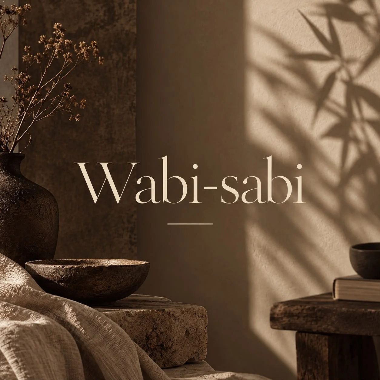 Decorative interior scene with a dark vase holding dried flowers, a textured bowl, a wooden table with a book, and shadows of plant leaves cast on the wall, with the text 'Wabi-sabi' overlaid.
