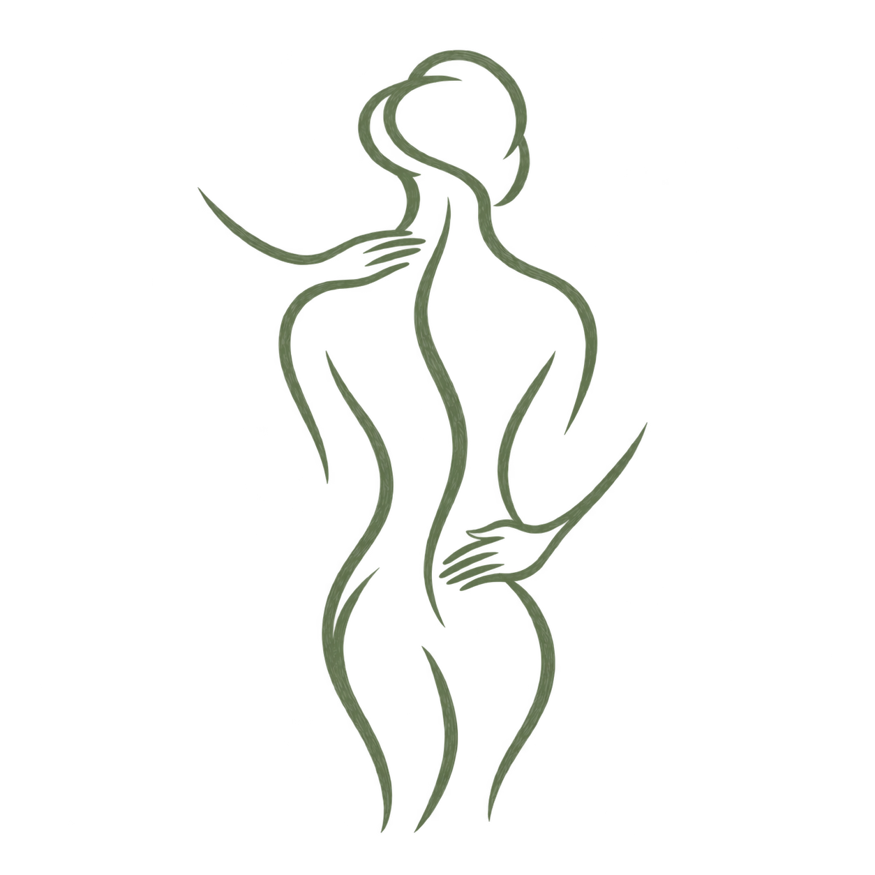 Line drawing of a woman with long hair, her back turned, holding her hair with one hand, depicted in a minimalist style with green lines.
