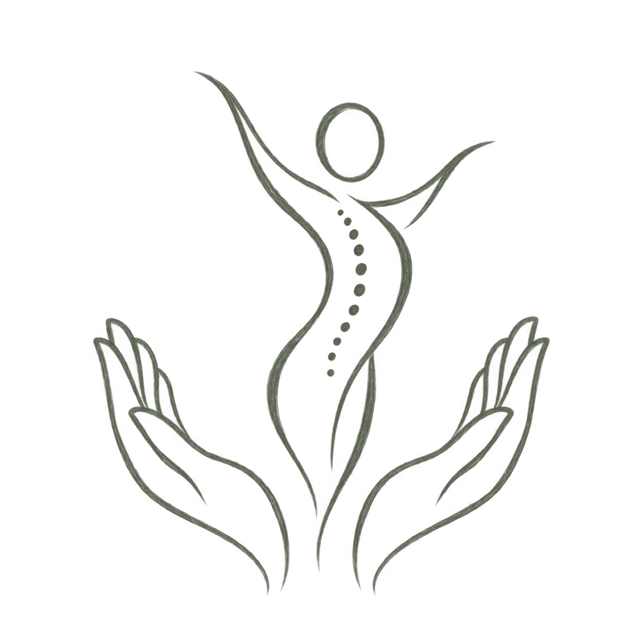 A minimalist black and gray line drawing of a stylized human figure with arms raised, surrounded by abstract leaf-like shapes.