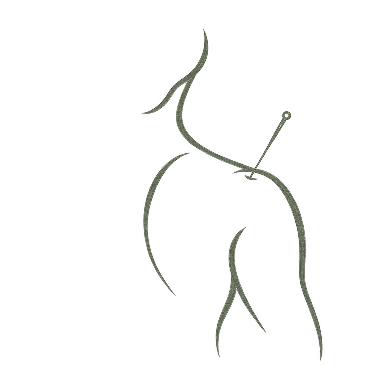Abstract gray line drawing of a stylized female figure with a pin or needle in her upper chest area.