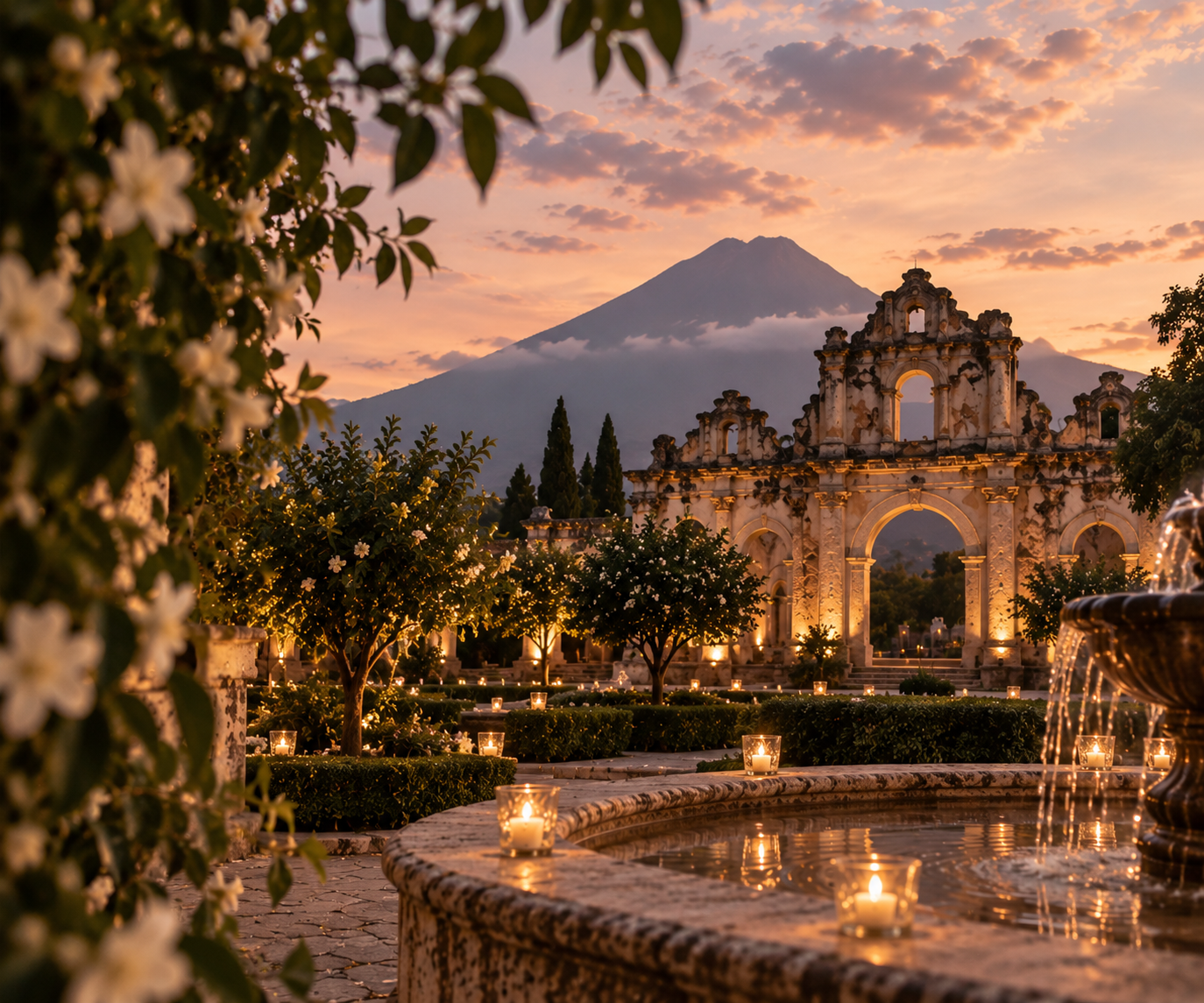 A scenic view of a historical stone archway in a garden during sunset, with Mount Asin in the background, flowering trees, and candles illuminating the area.