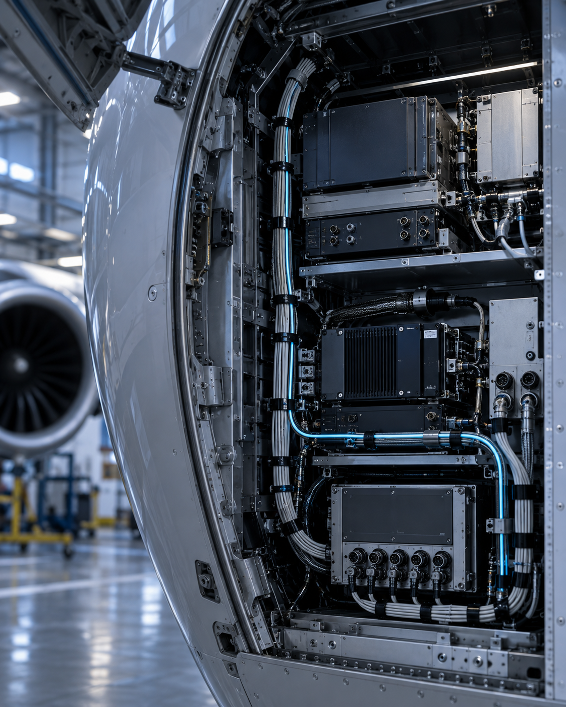 Commercial aircraft avionics bay with secured equipment, structured cabling, and flight-system hardware.