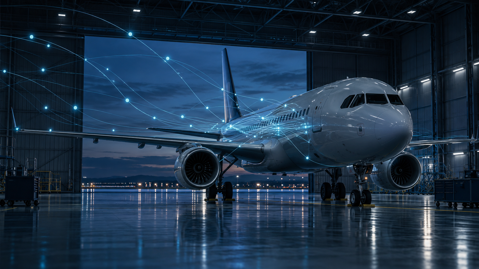 Commercial aircraft in a maintenance hangar with subtle connected data paths representing operational clarity.