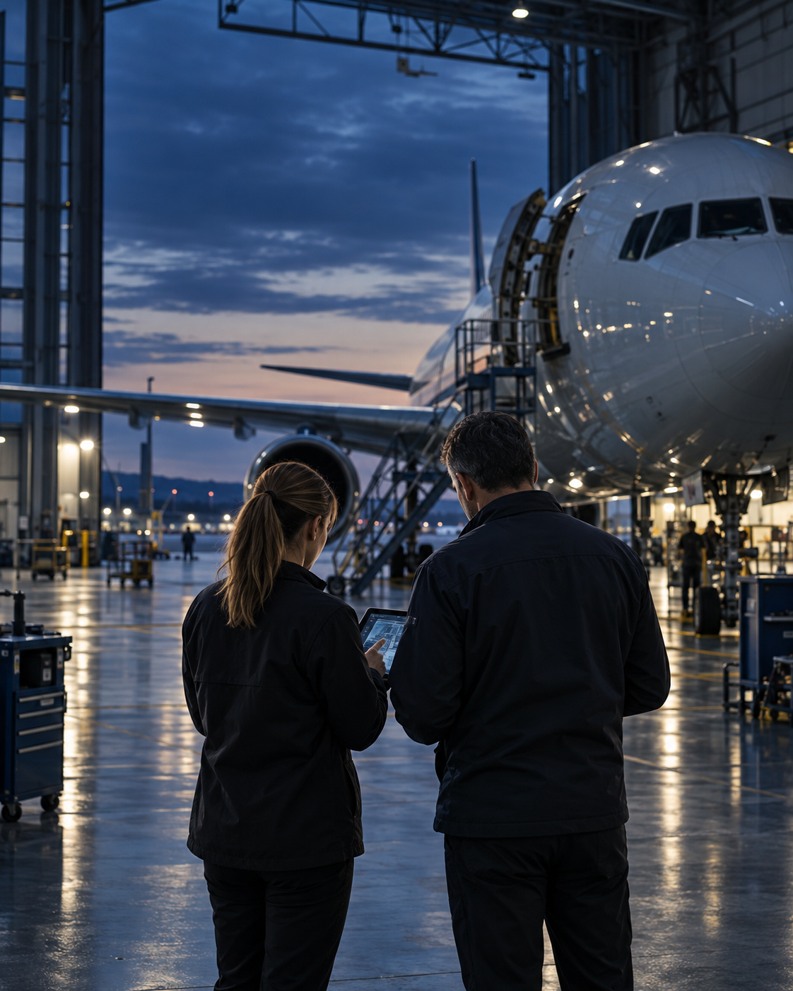 Aviation engineering and cybersecurity professionals reviewing aircraft systems beside a commercial aircraft.