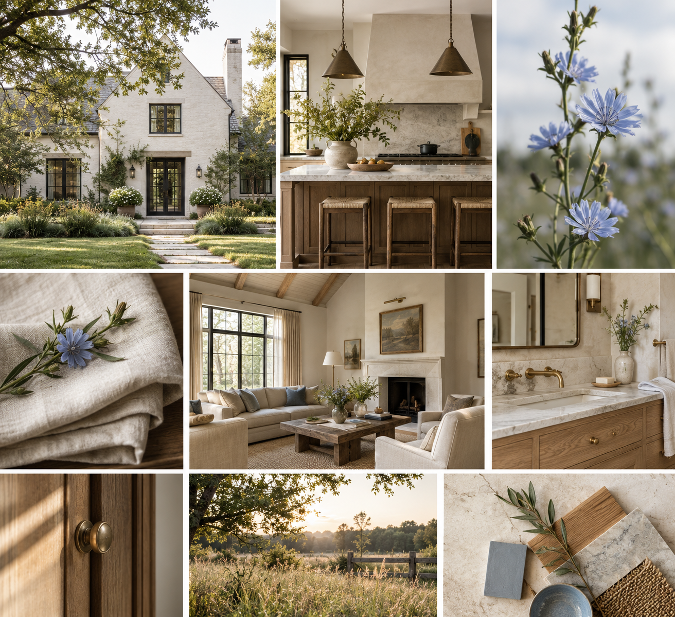 Collage of interior and exterior farmhouse-style home scenes including a white house with a garden, kitchen with wooden island and pendant lights, close-up of a blue flower, cozy living room with fireplace, bathroom with marble sink, wooden cabinet handle, sunset over countryside, and design materials with a blue flower and tiles.