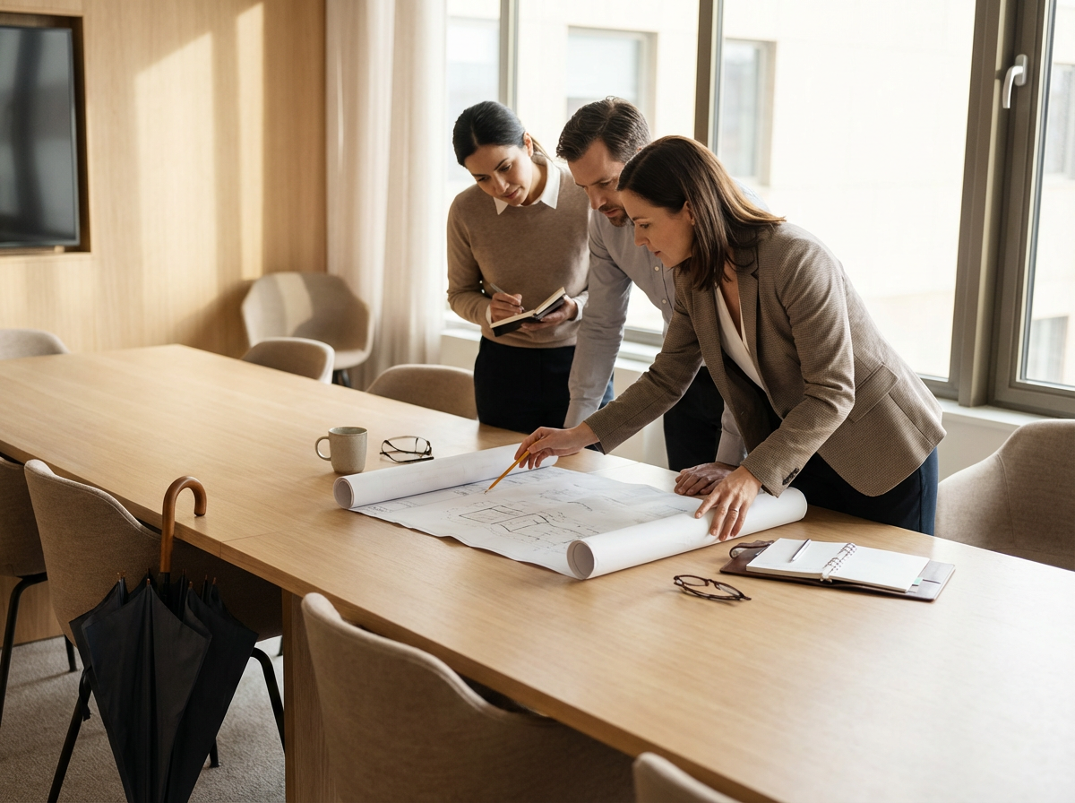 Three professionals in business attire reviewing and discussing architectural blueprints on a conference table in an office.