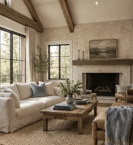 Living room with a white couch, a wooden coffee table, an armchair with a gray throw, fireplace, large windows with white curtains, and a decorative vase with greenery.