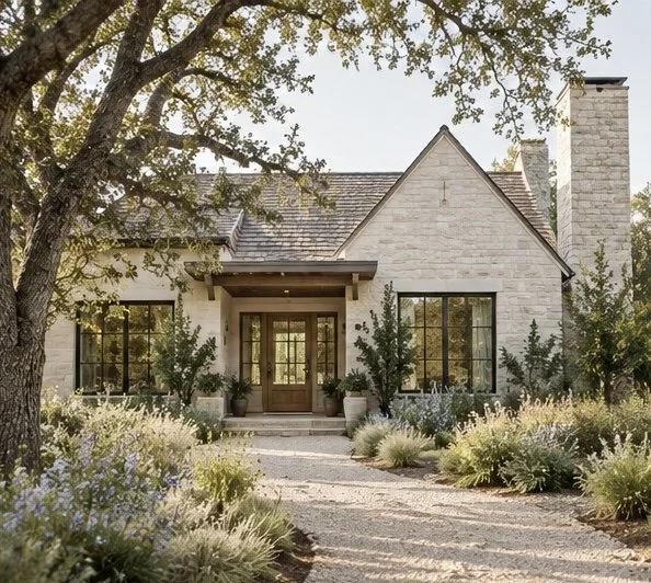 Front view of a house with light-colored brick walls, a gabled roof, and large windows, surrounded by a landscaped garden with various shrubs and plants, a gravel pathway leading to the front door, and a large tree on the left side.