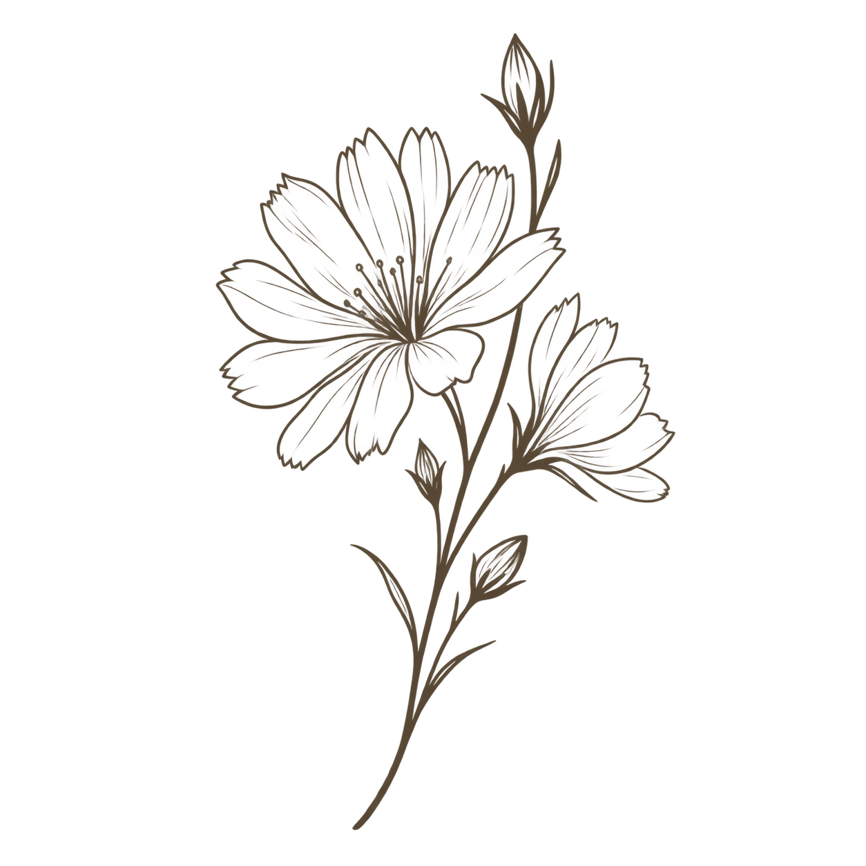Outline drawing of a flower with multiple petals and leaves, featuring a single stem.