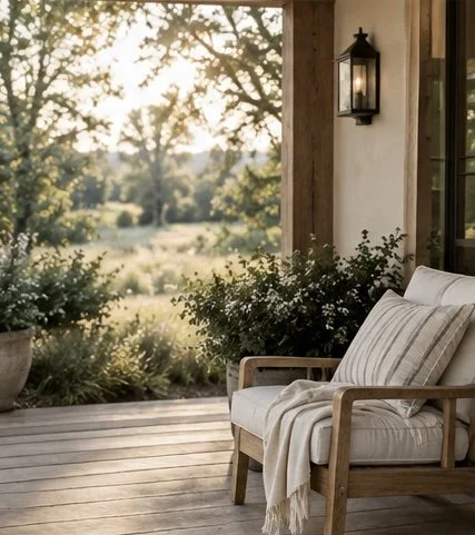 Porch with wooden chair, striped cushion, blanket, potted plants, lantern, and view of trees and fields at sunset.