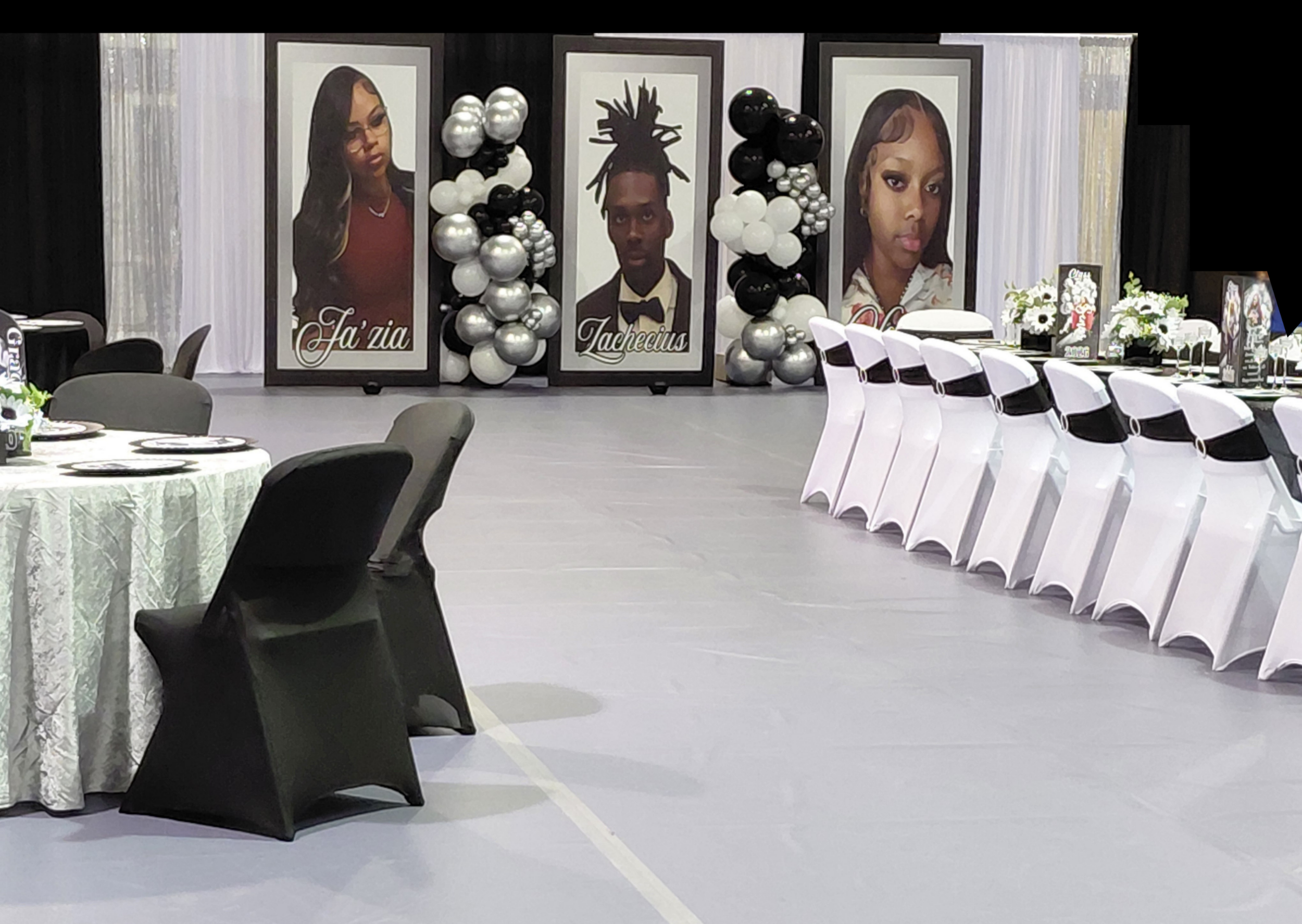 A sophisticated black, white, and silver graduation celebration for three, featuring bold custom photo boards that anchor the entire design.