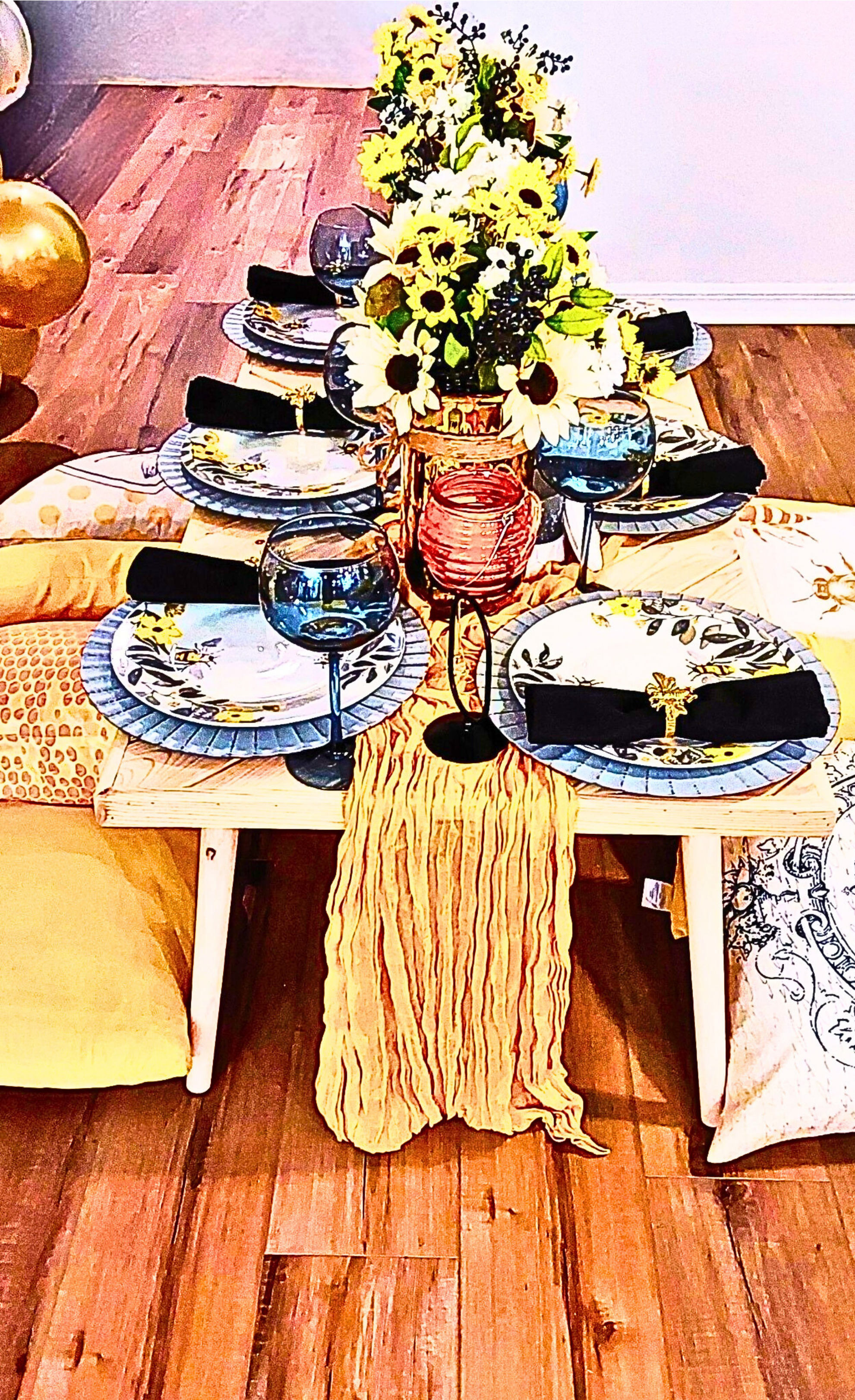 A Queen Bee birthday dinner adorned with charming bee accents and small, intentional details that bring the theme to life.