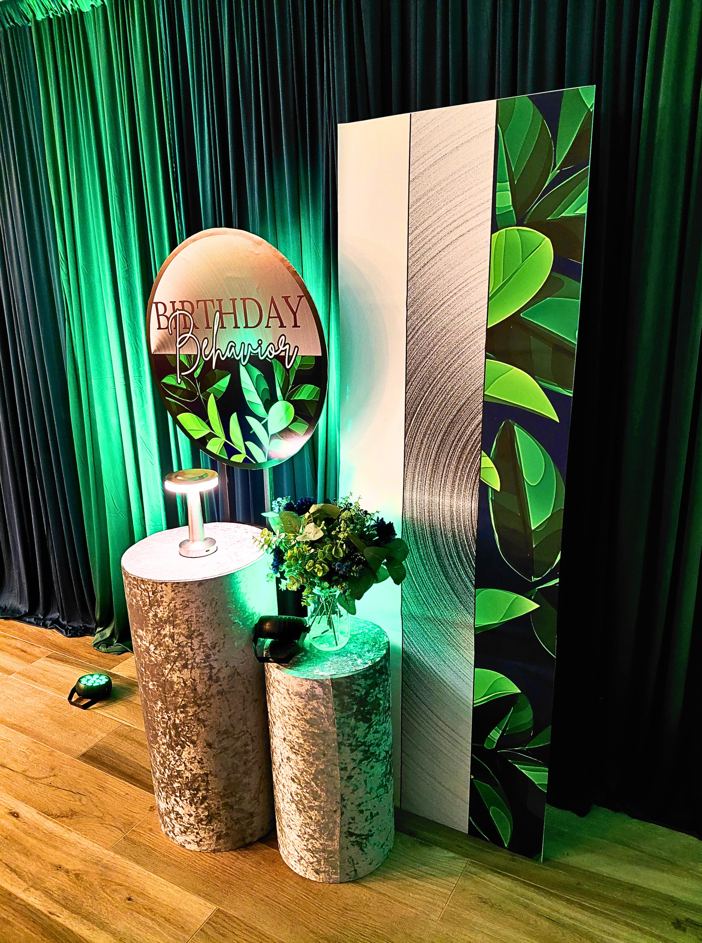 A sophisticated Birthday Behavior themed dinner designed for our male client.  By skipping balloons and keeping florals minimal, we created a clean, elegant look.  Rich blues and greens with silver accents brought the palette together for a timeless 