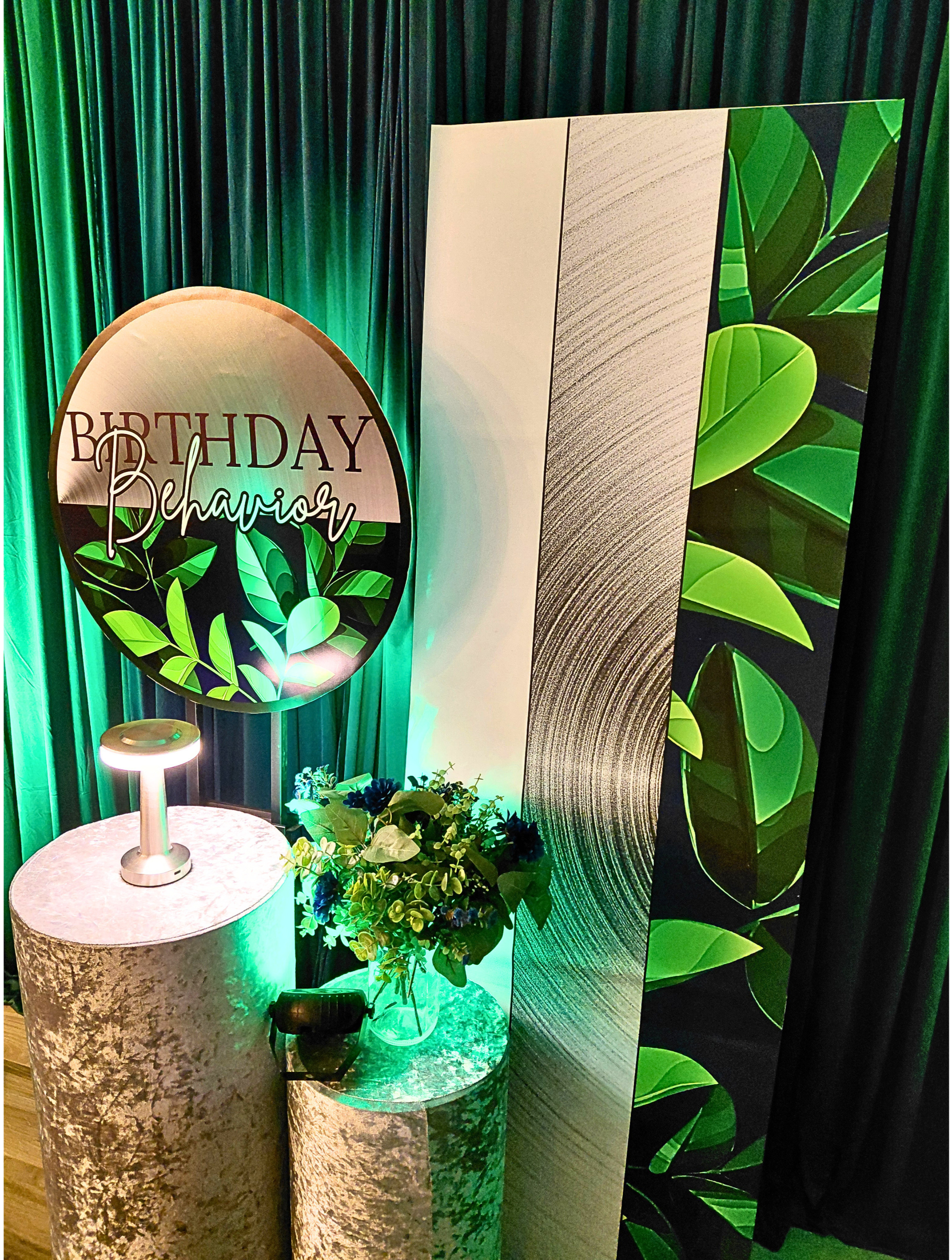 A sophisticated Birthday Behavior themed dinner designed for our male client.  By skipping balloons and keeping florals minimal, we created a clean, elegant look.  Rich blues and greens with silver accents brought the palette together for a timeless 