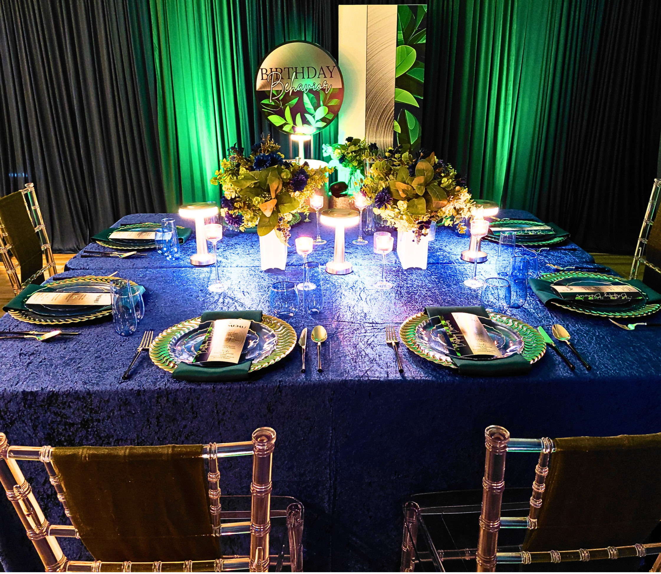 A sophisticated Birthday Behavior themed dinner designed for our male client.  By skipping balloons and keeping florals minimal, we created a clean, elegant look.  Rich blues and greens with silver accents brought the palette together for a timeless 