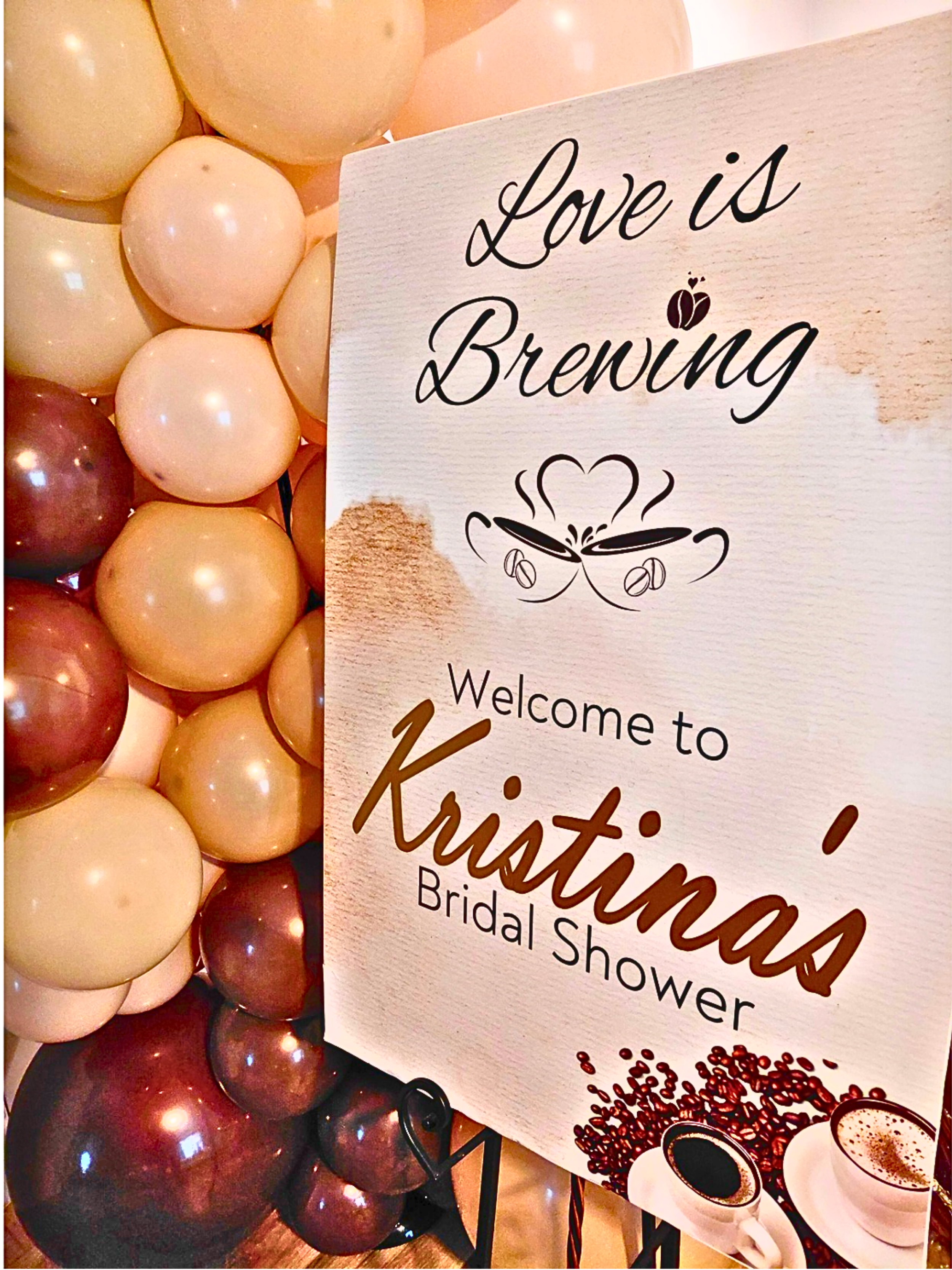 Love Is Brewing bridal shower welcome display.