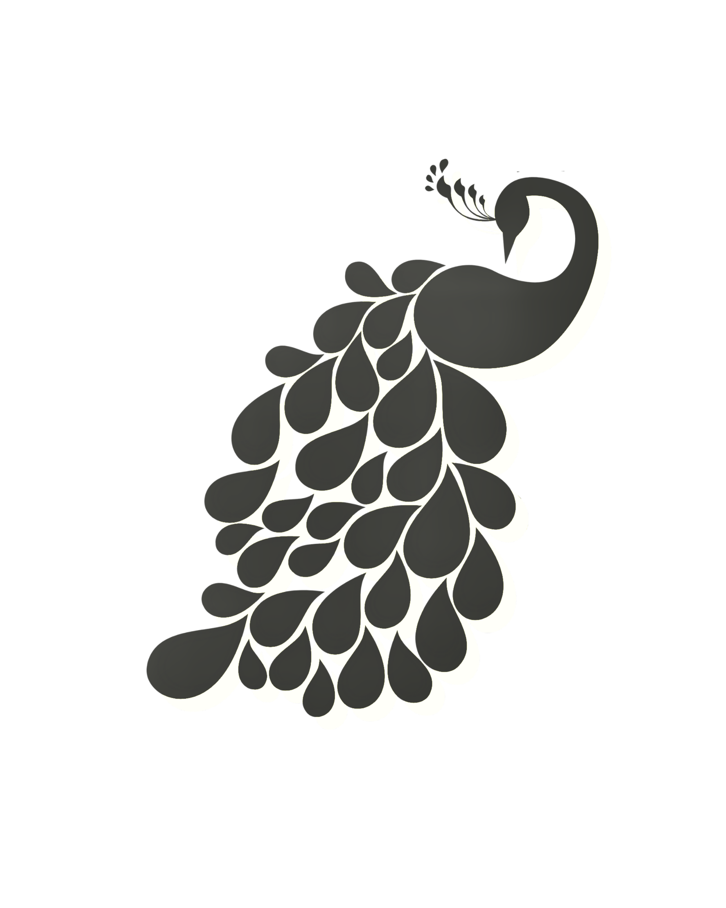 Black and white illustration of a peacock with its tail feathers fanned out, showcasing intricate leaf-like patterns.
