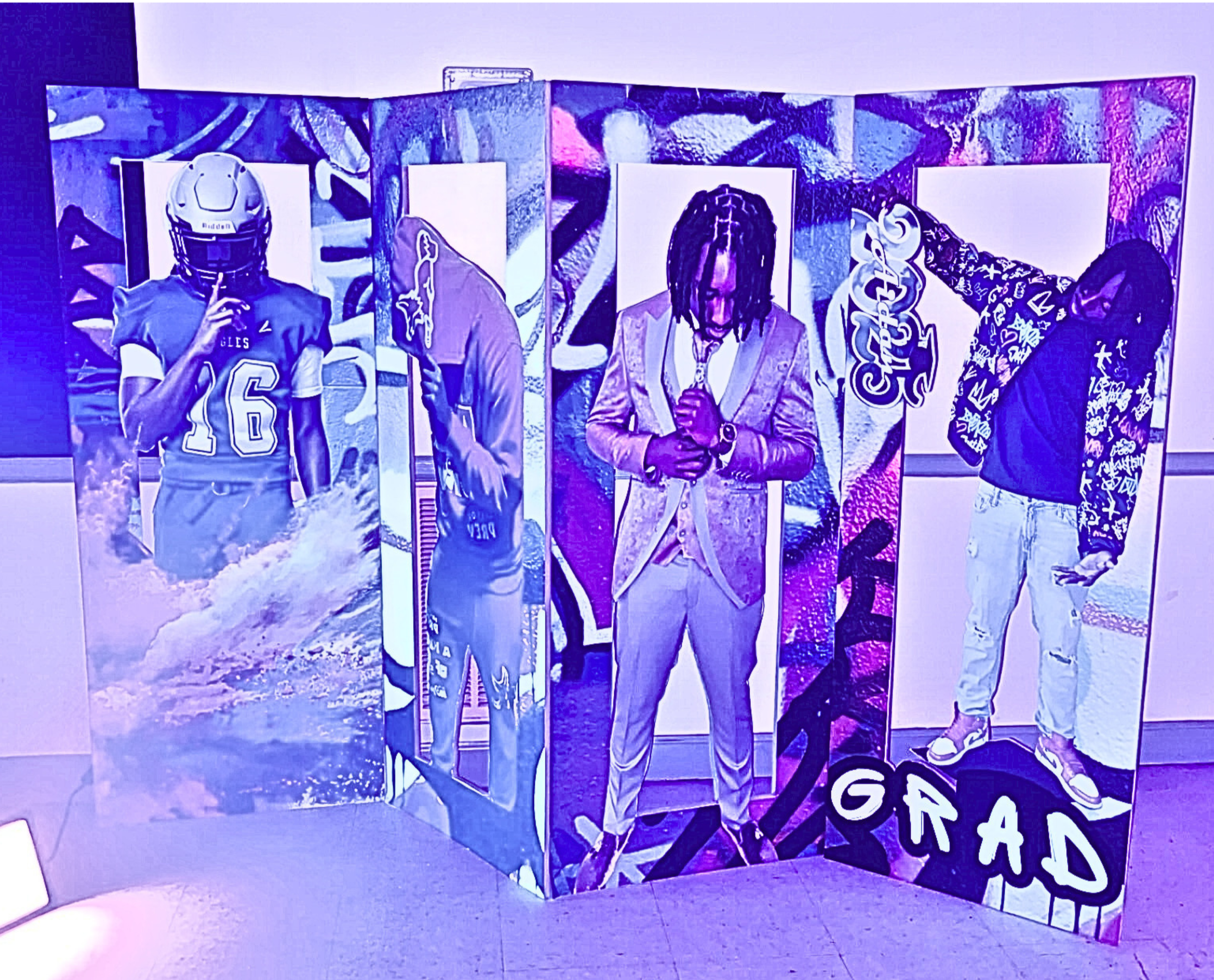 Multiple panels displaying images of young men, each with different poses and styles, set against a colorful, graffiti-like background with purple and blue hues.