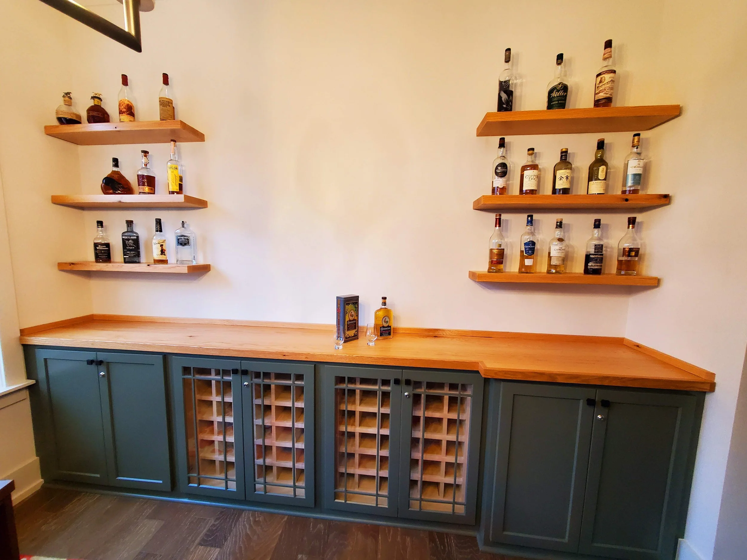 Home Bar with Floating Shelves // Residential Woodwork
