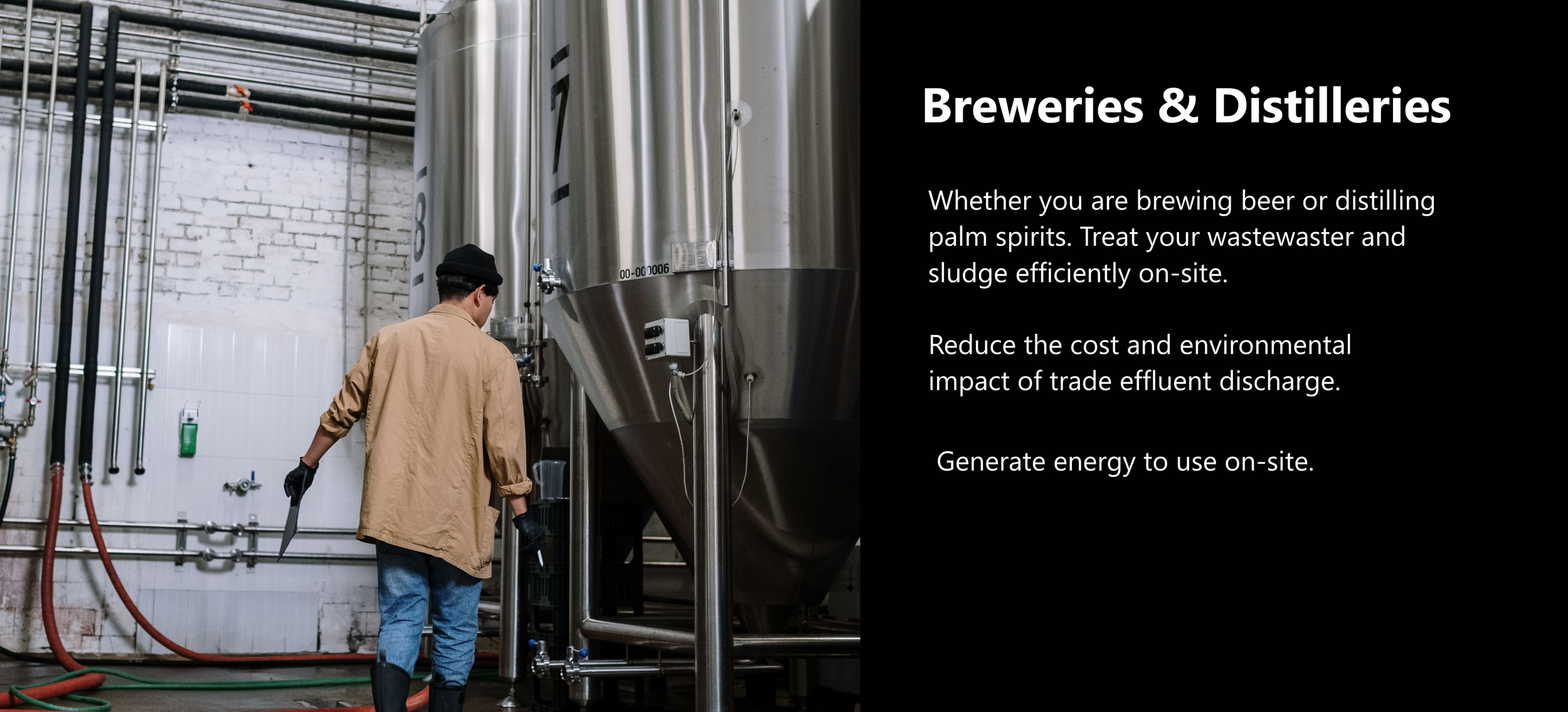 Picture of a man in a brewery on the left hand side. On the right hand side is the Section title Breweries & Distilleries, highlighting the benefit of ADBI's bioenergy solution for breweries & distilleries