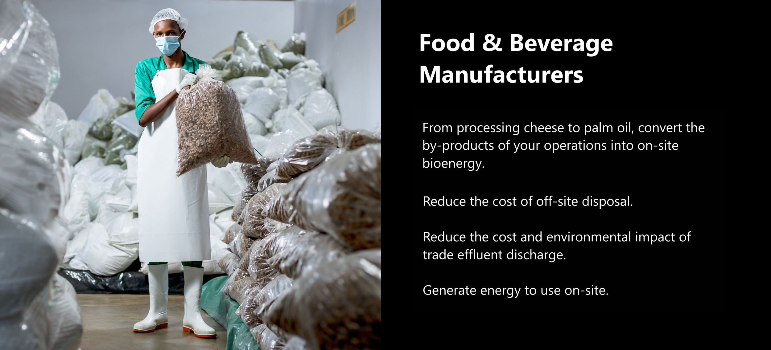 Section Title on the right. Food & Beverage Manufacturers. Describes the benefits of ADBI's bioenergy solution to food & beverage manufacturers. On the left is a picture is a man holding a bag of produce surrounded by other bags of produce in a stora