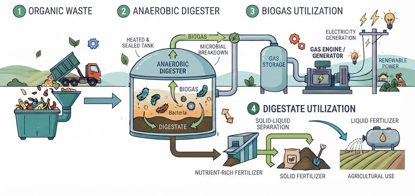 Diagram showing the process of organic waste converting into biogas and fertilizer. Step 1: Organic waste is collected. Step 2: It is processed in an anaerobic digester, where microbial breakdown produces biogas. Step 3: The biogas is stored and used in a gas engine to generate electricity, providing renewable power. Step 4: The digestate is separated into liquid and solid parts, which are used as nutrient-rich fertilizer for agricultural purposes.
